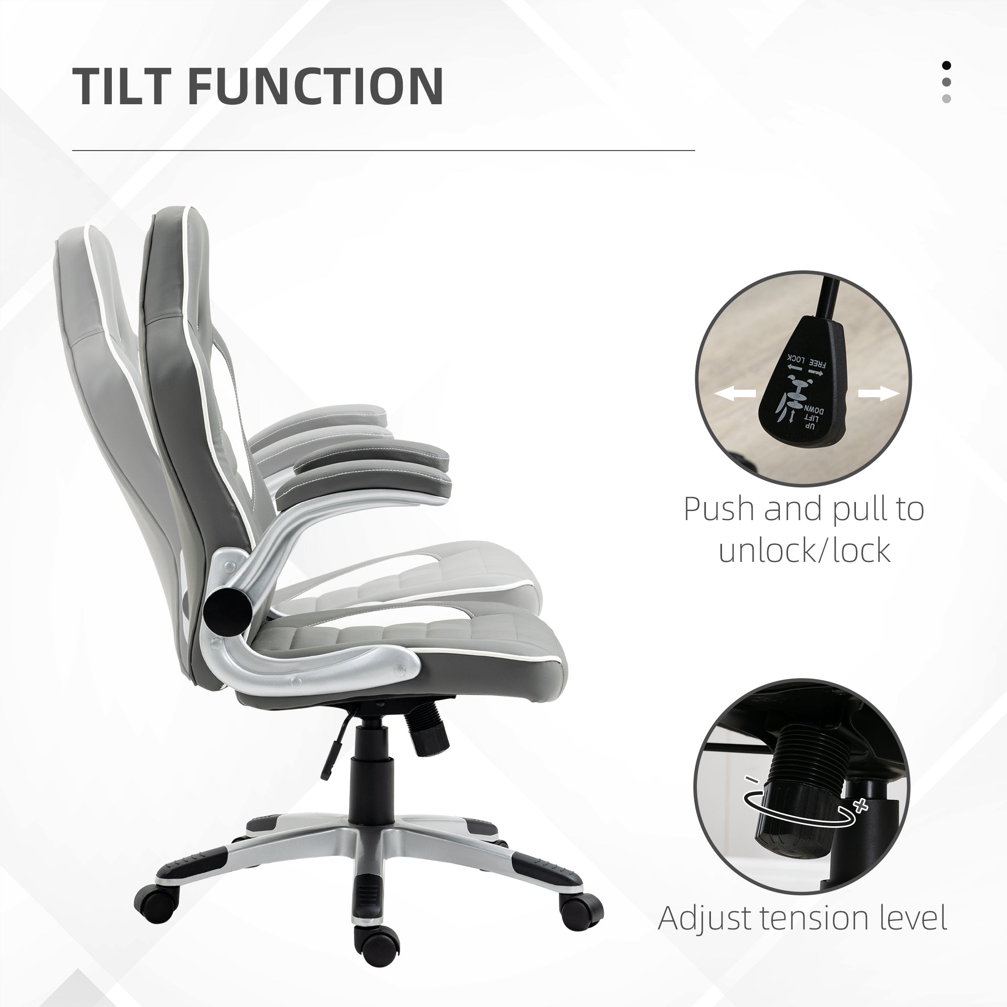 Vinsetto Computer Gaming Chair, Office Desk Swivel Chair, PU Leather Racing Chair with 90° Flip-up Armrest, Adjustable Height and Rolling Wheels, Grey - North Peak Garden Furniture
