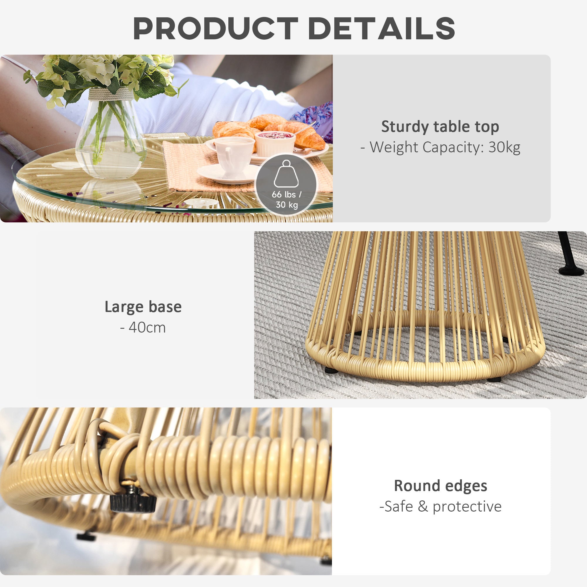 Outsunny Round End Table, Rattan Side Table, Hollow Drum Design Coffee Table w/ Glass Tabletop for Patio, Garden, Balcony Natural - North Peak Garden Furniture