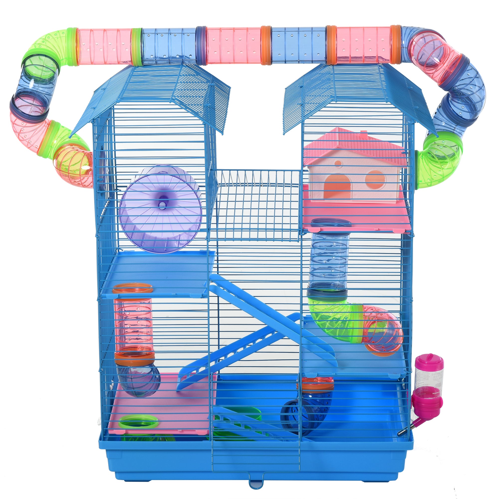 PawHut Hamster Habitat, 5 Tier Cage with Exercise Wheels, Tunnel, Water Bottle, Dishes, Ladder, Blue