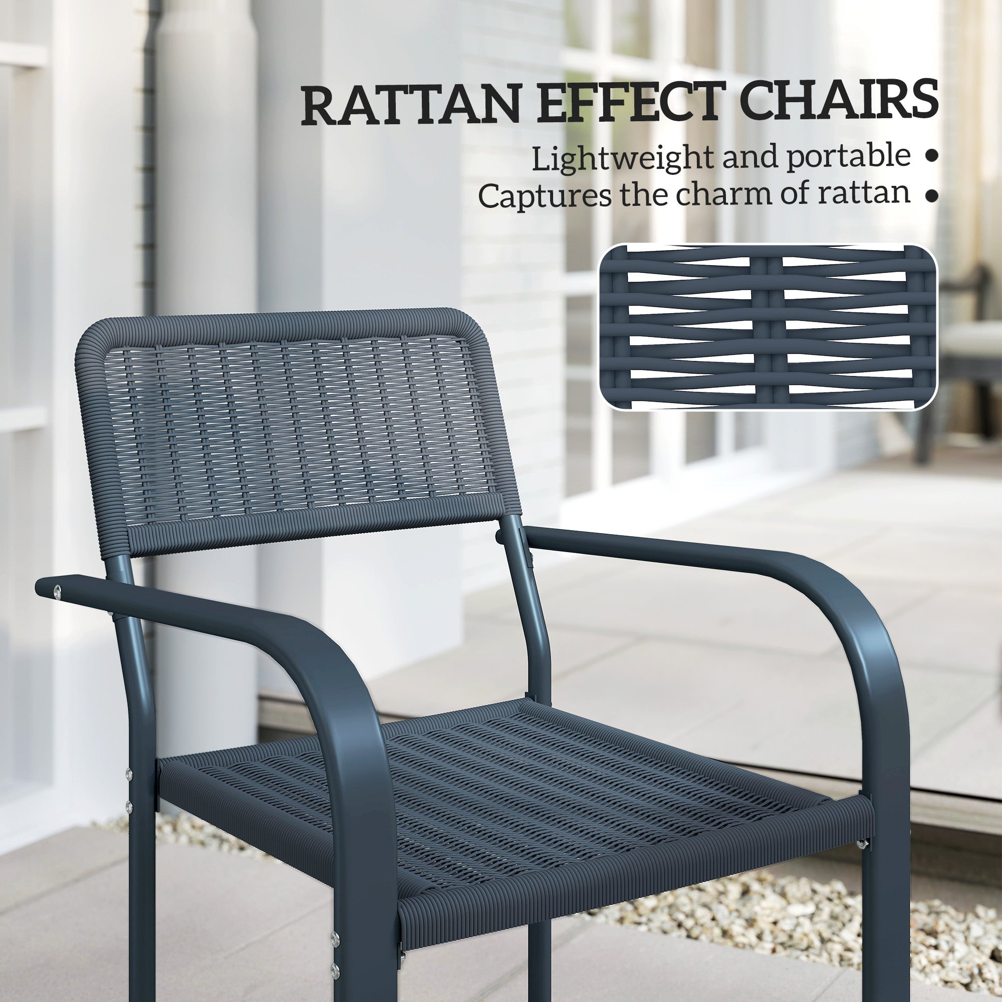 Outsunny Garden Chairs Set of 4, Stackable Rattan Effect Dining Chairs with Armrest, Weather Resistant and Lightweight Outdoor Furniture Armchairs for Patio, Balcony, Terrace, Dark Grey - North Peak Garden Furniture
