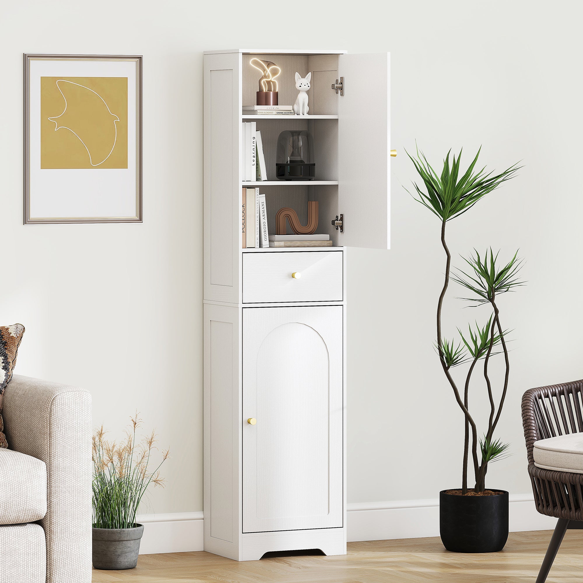 HOMCOM Tall Bathroom Cabinet with Arched Doors - White