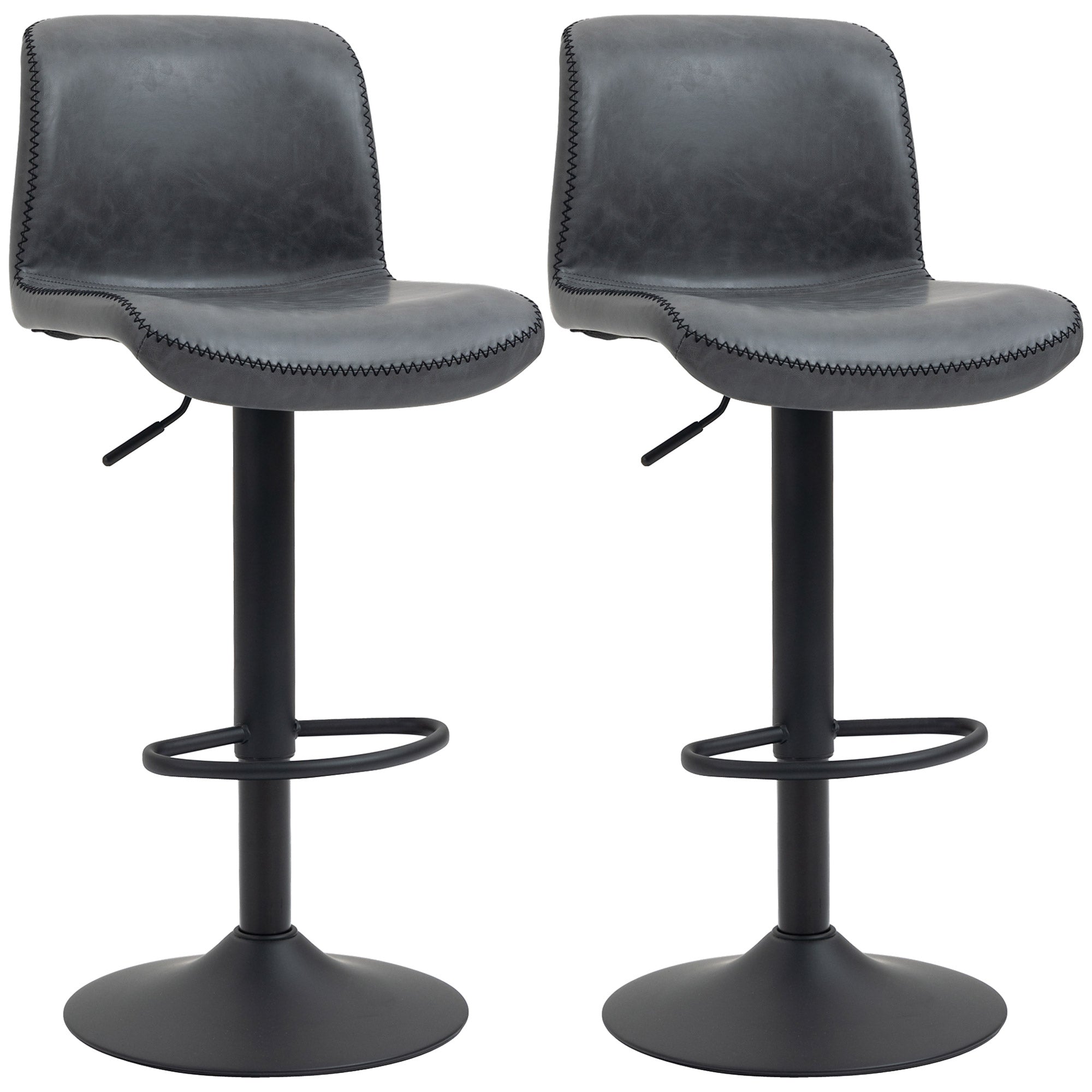 HOMCOM Set of 2 Bar Stool Adjustable Height Swivel Footrest and Base for Breakfast Bar, Kitchen and Home, Dark Grey - North Peak Garden Furniture