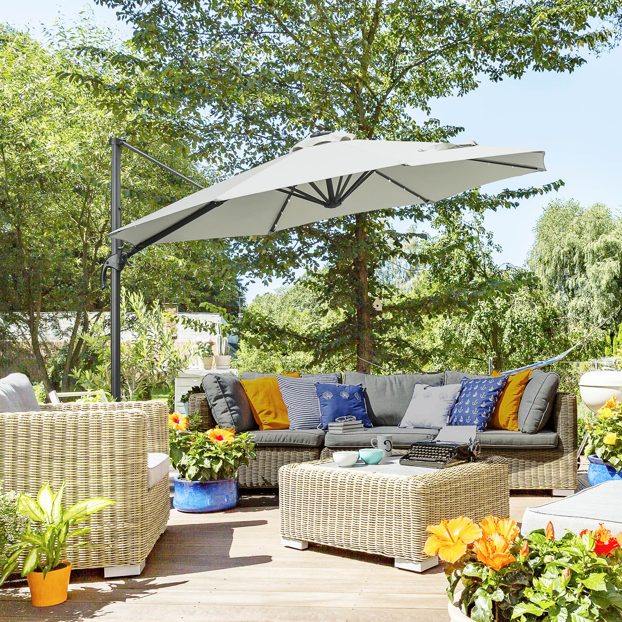 Outsunny 3(m) LED Cantilever Parasol Garden Sun Umbrella w/ Cross Base and Solar Lights Grey - North Peak Garden Furniture