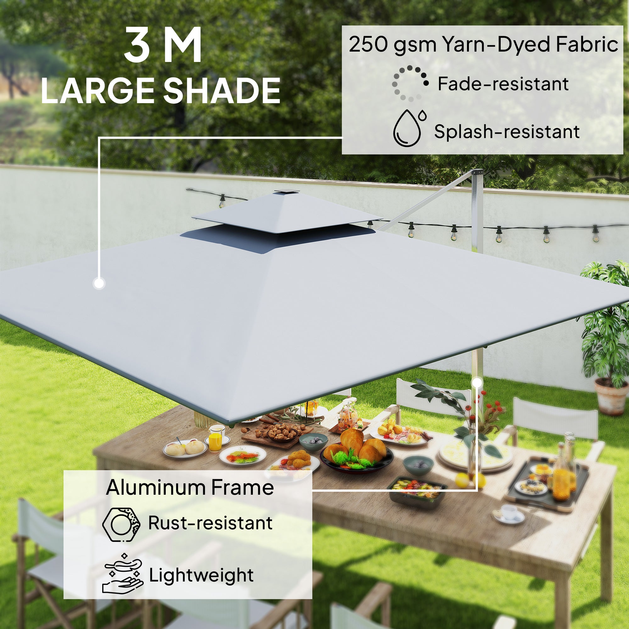 Outsunny 3(m) Garden Cantilever Parasol with Solar LED Lights, Cross Base, 360° Rotation, Crank Handle and Tilt, Grey - North Peak Garden Furniture