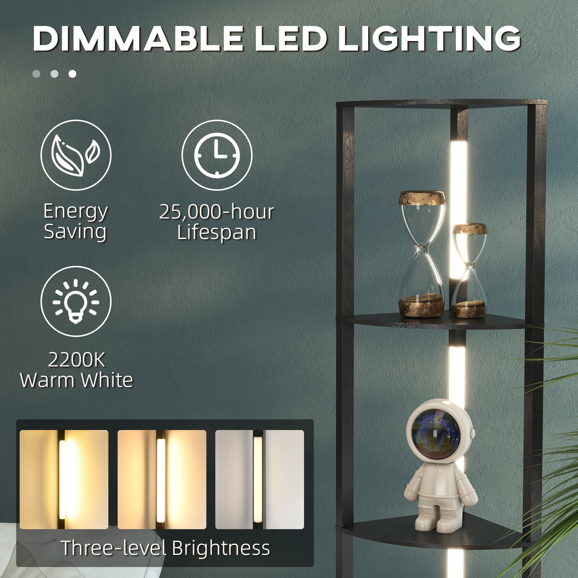 HOMCOM Corner Floor Lamp for Living Room Bedroom with Dimmable Warm White LED Light, Modern Tall Standing Lamp, Black - North Peak Garden Furniture