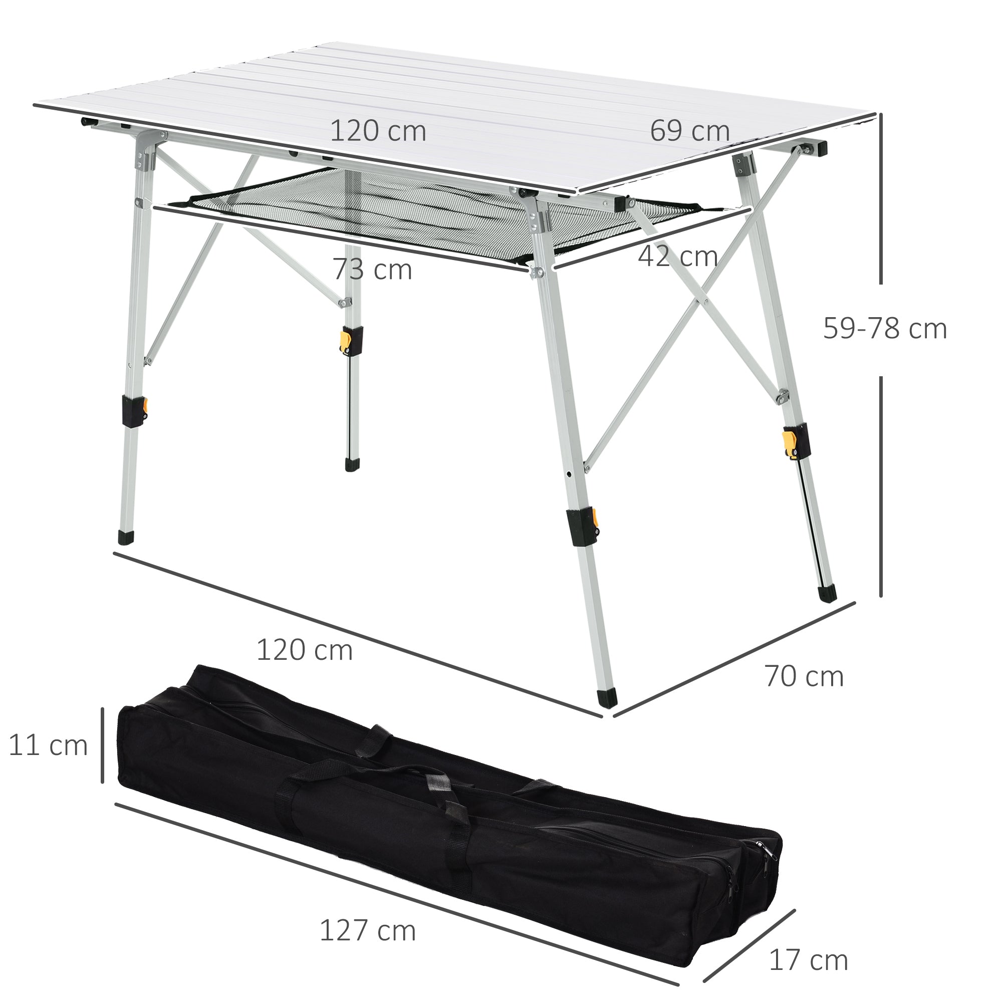 Outsunny 4FT Folding Aluminium Picnic Table Portable Camping BBQ Table Roll Up Top Mesh Layer Rack with Carrying Bag - North Peak Garden Furniture