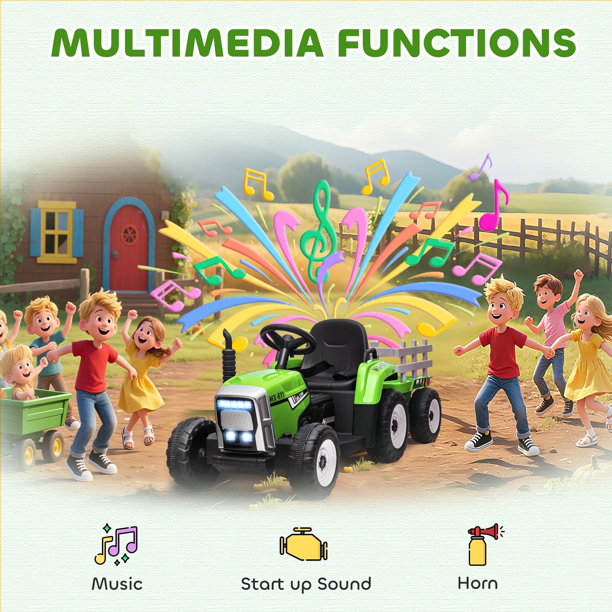 HOMCOM Ride On Tractor, Battery Powered Electric Car, with Detachable Trailer, Remote Control, Music - Green