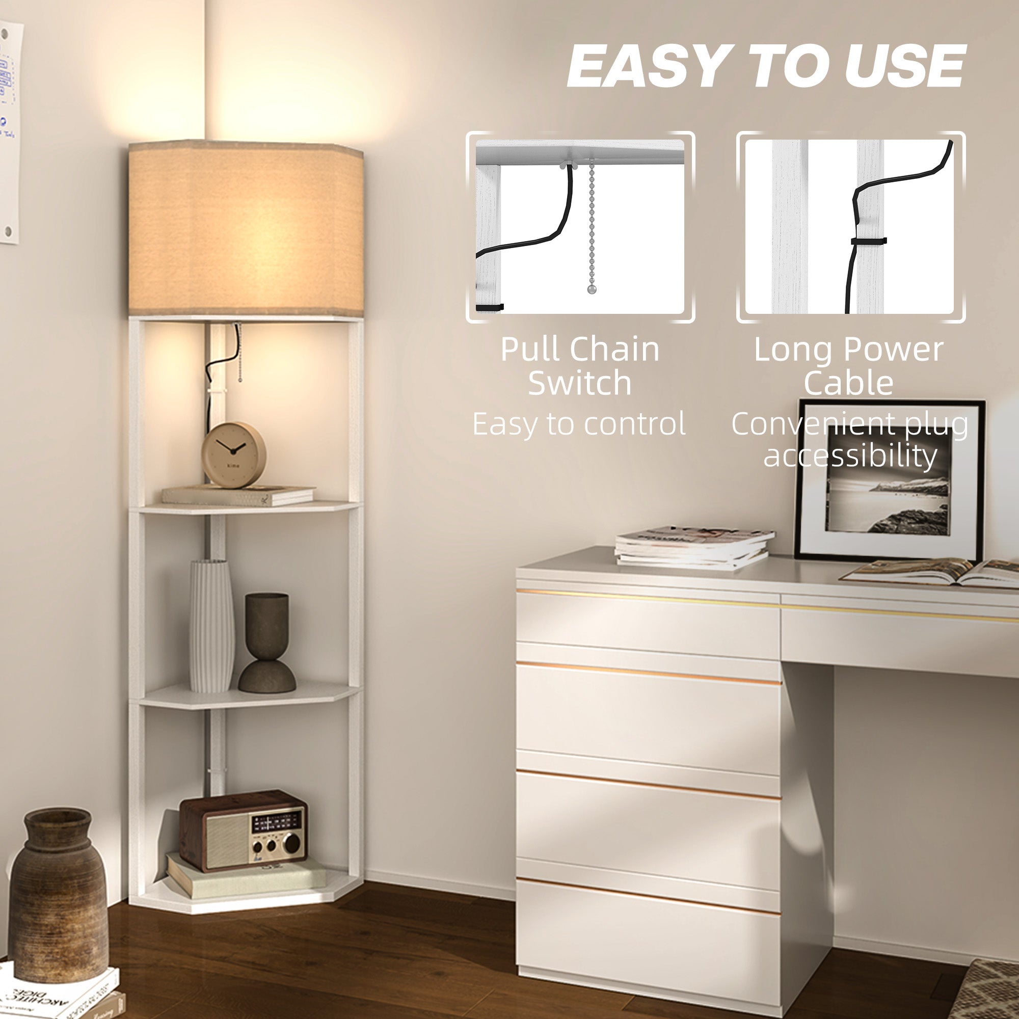 HOMCOM Three-Shelf Corner Floor Lamp - White - North Peak Garden Furniture