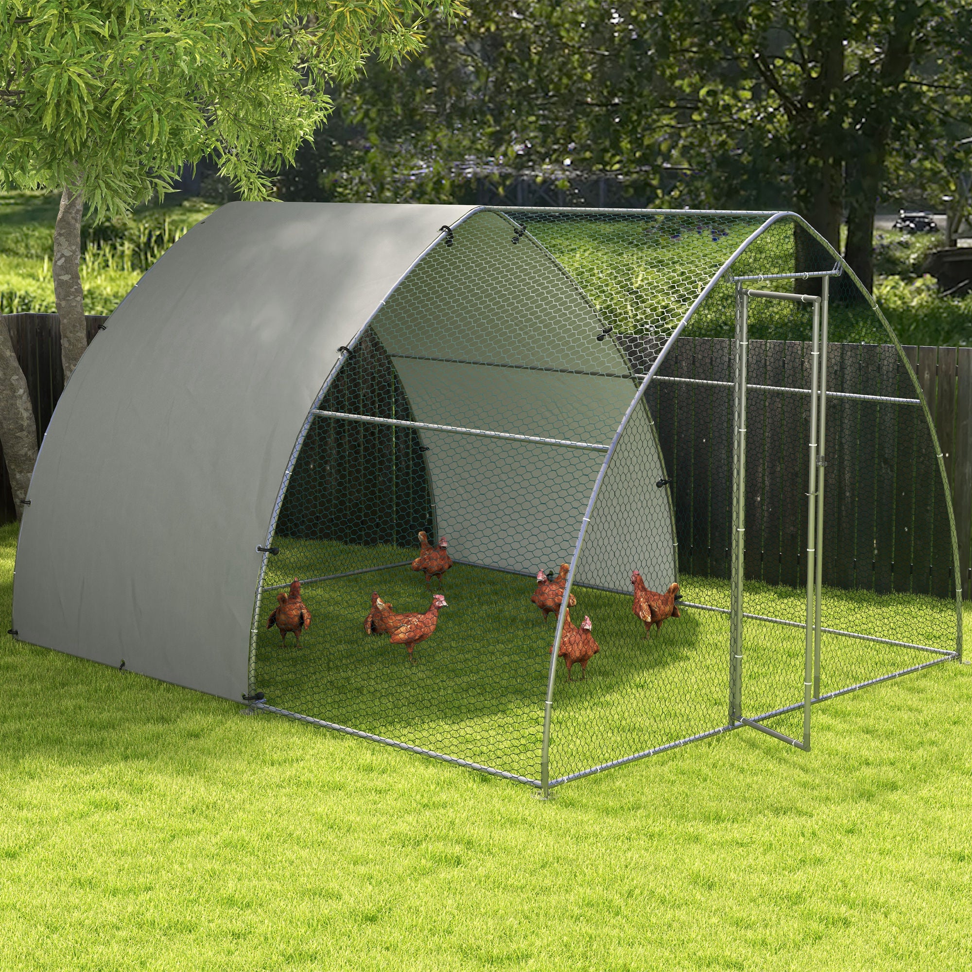 PawHut Galvanised Outdoor Chicken Coop, with Cover, for 8-12 Chickens, Hens, Ducks, Rabbits, 3 x 3.8 x 2.2m - Silver Tone - North Peak Garden Furniture