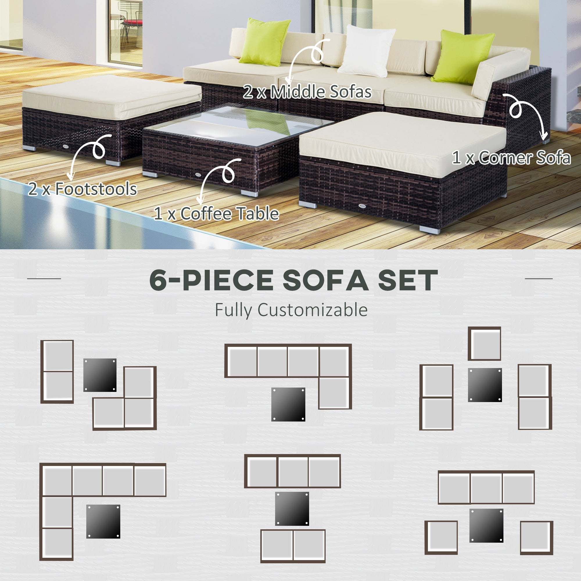Outsunny 6 PC Rattan Sofa Coffee Table Set Sectional Wicker Weave Furniture for Garden Outdoor Conservatory w/ Pillow Cushion Brown - North Peak Garden Furniture