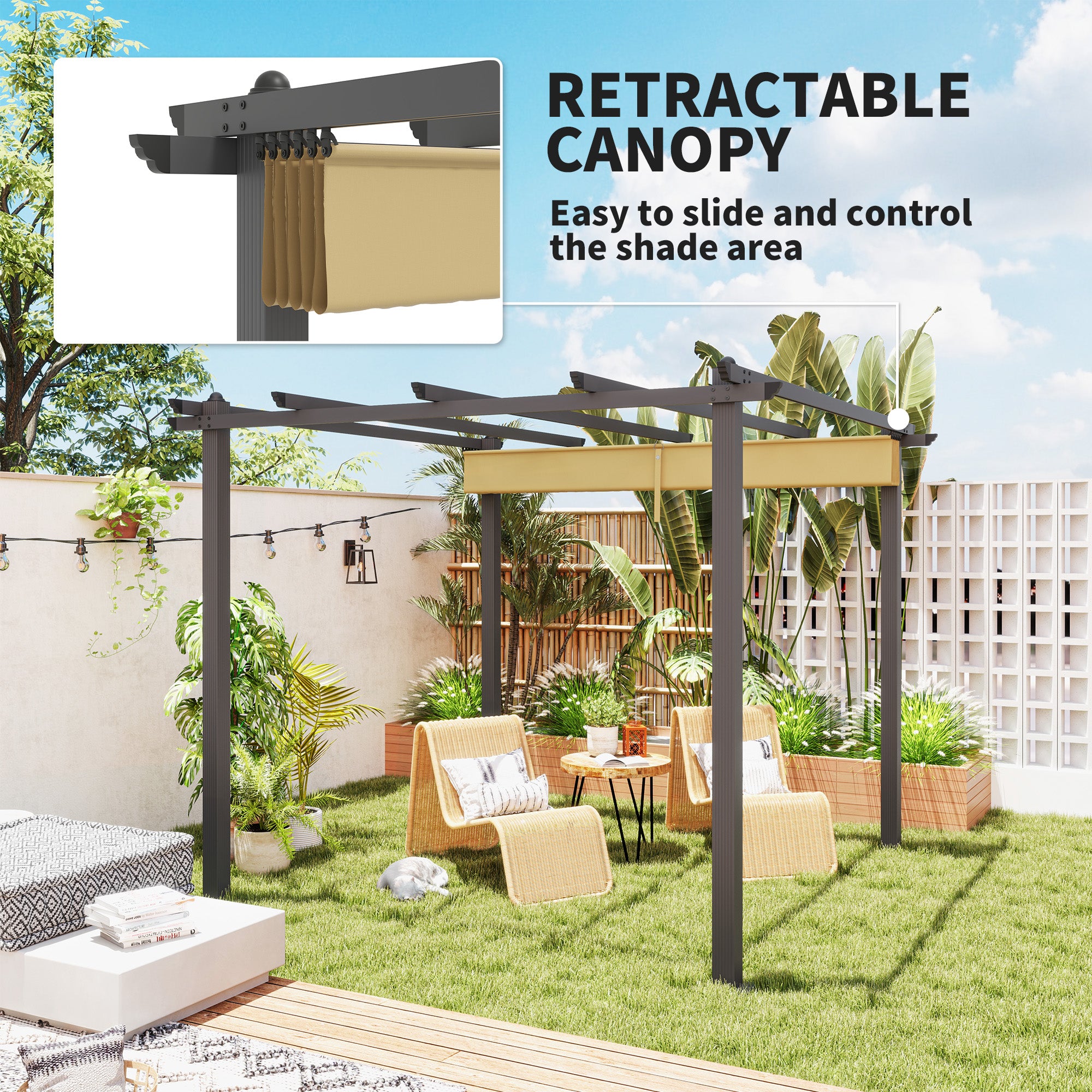 Outsunny 3 x 3m Aluminium Pergola, with Retractable Roof - Khaki - North Peak Garden Furniture