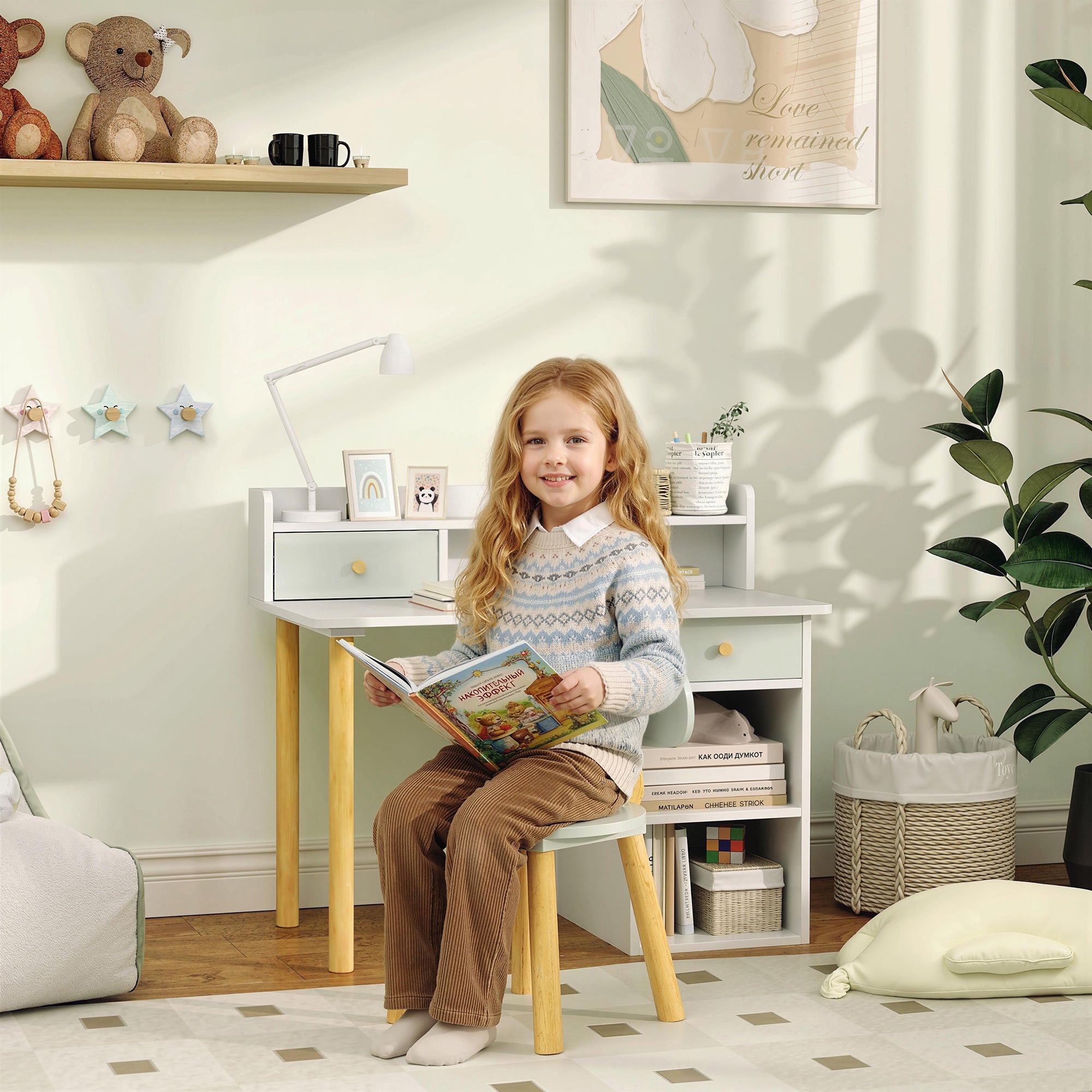 AIYAPLAY Two-Piece Children Study Table with Hutch, Kids Desk and Chair Set with Storage, Drawer, Shelves, Green