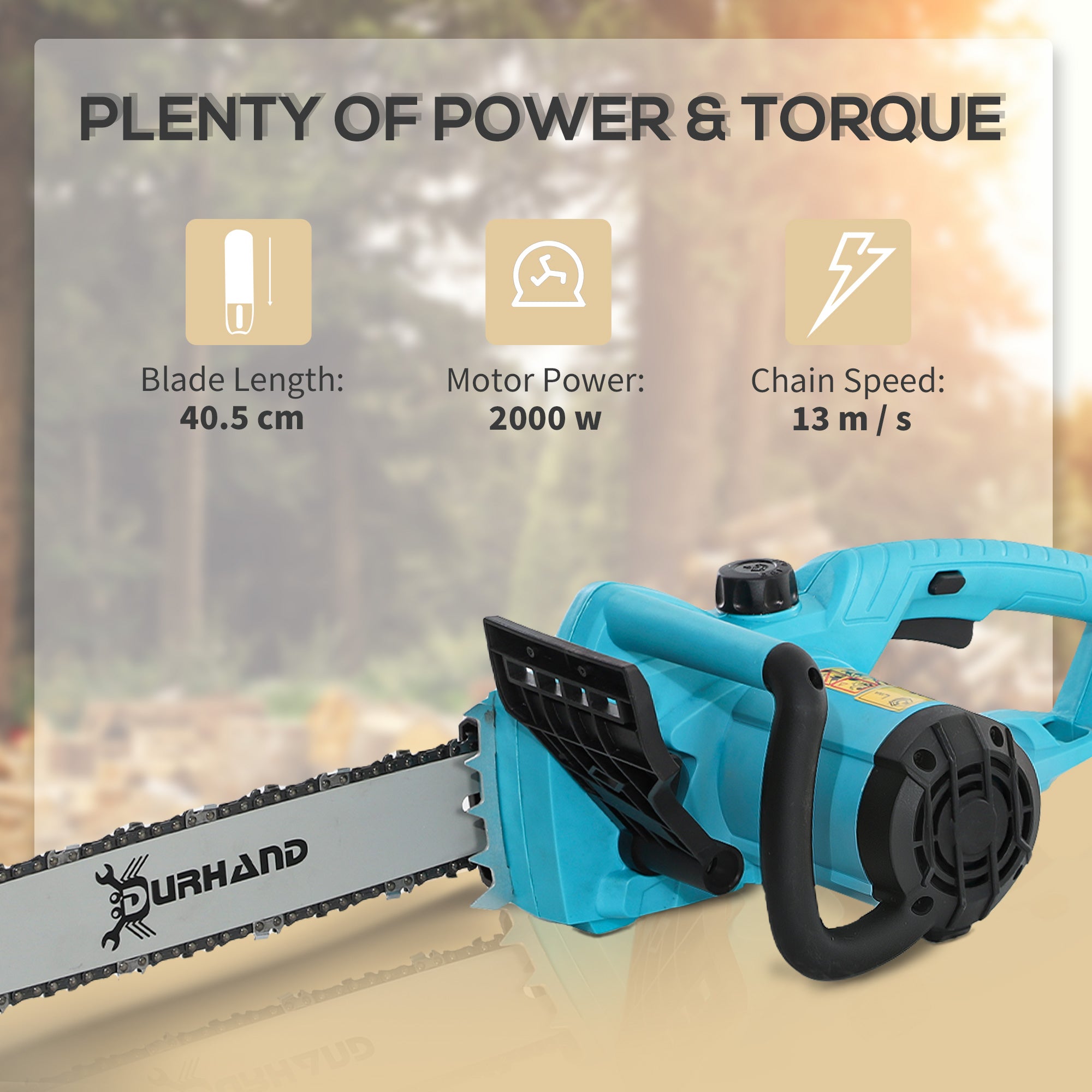 DURHAND Aluminium Chainsaw with Double Brake Protection and Blade Cover, 2000 W, 40 cm, for Wood, Trees and Branches, Blue - North Peak Garden Furniture