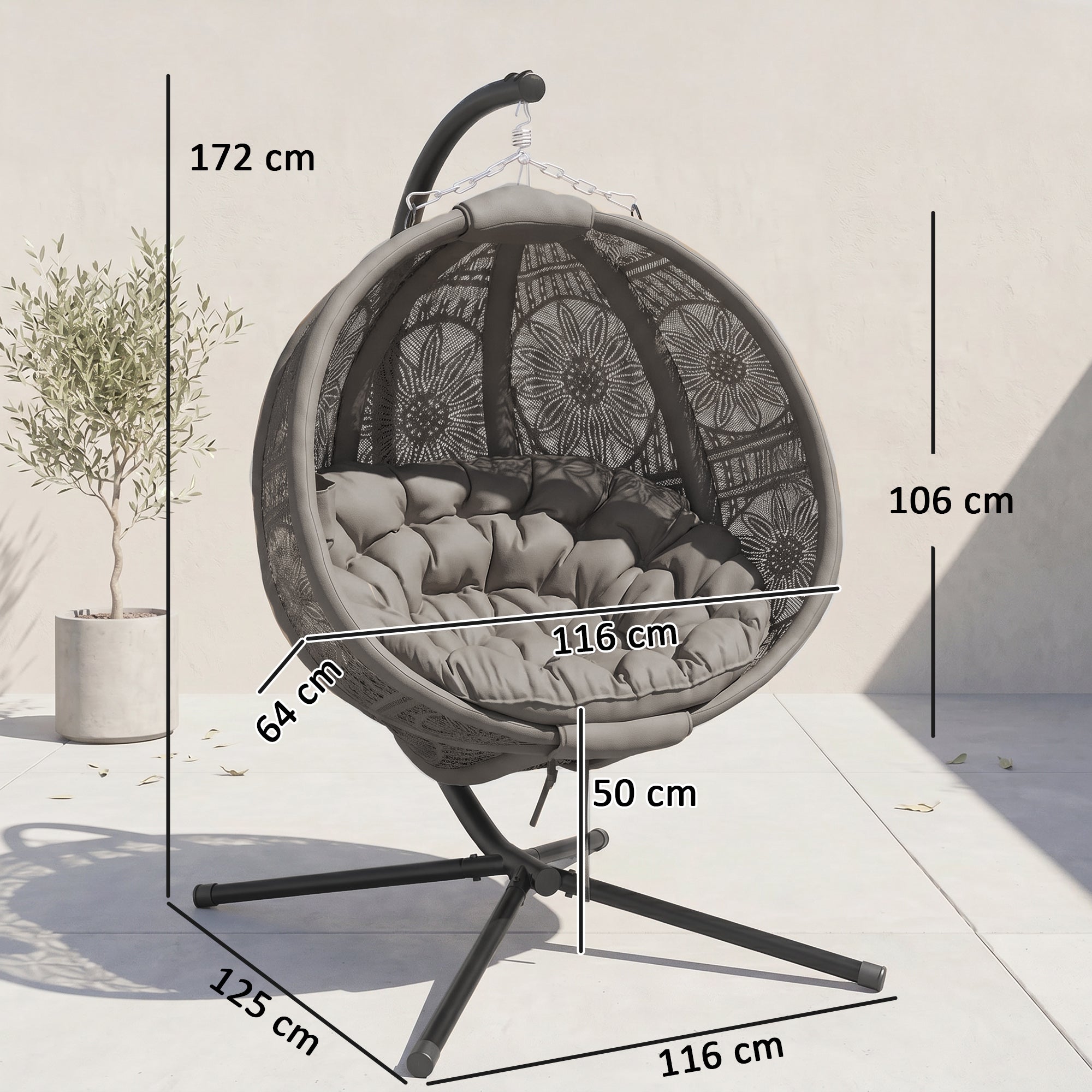 Outsunny Round Egg Basket Chair, with Steel Stand, Charcoal Grey