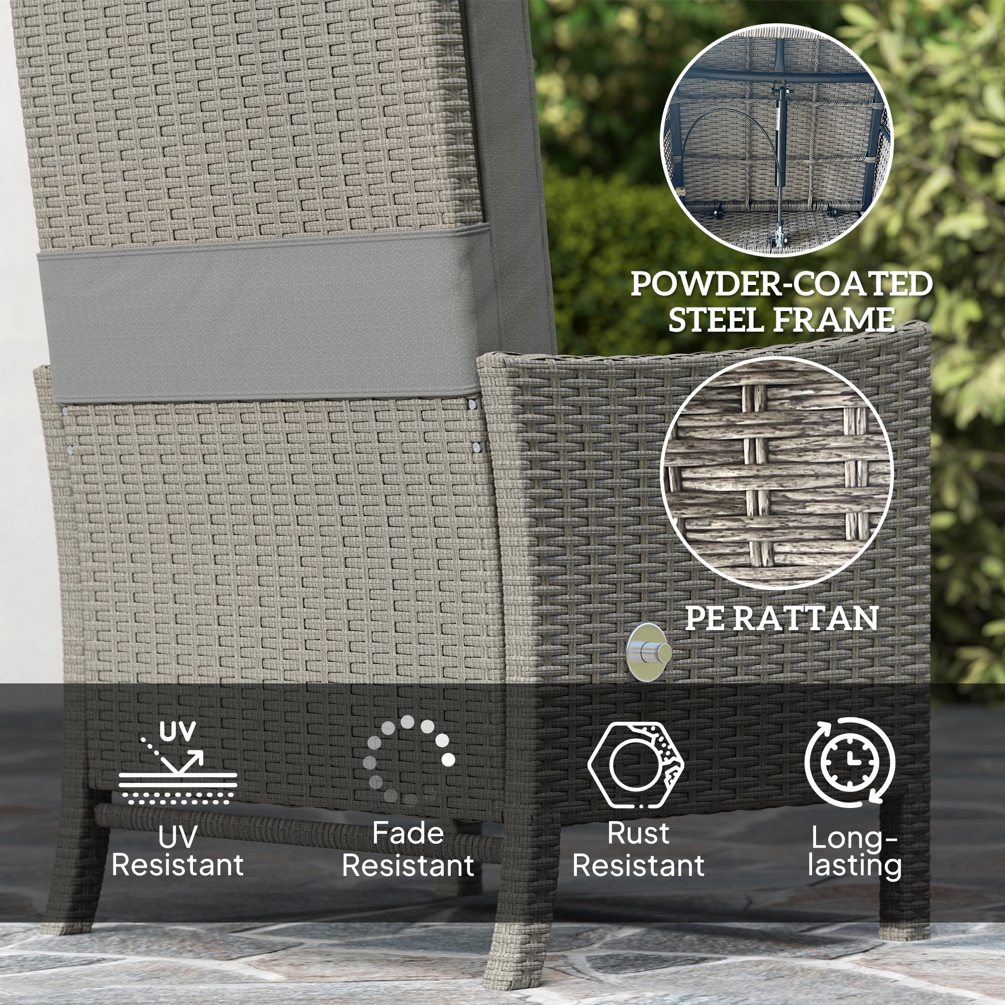 Outsunny 5 Piece Rattan Garden Furniture Set, Wicker Patio Sofa Set with 2 Armchairs, 2 Footstools, Glass Top Coffee Table with Shelf, Outdoor Furniture with Adjustable Backrests, Cushions, Dark Grey - North Peak Garden Furniture