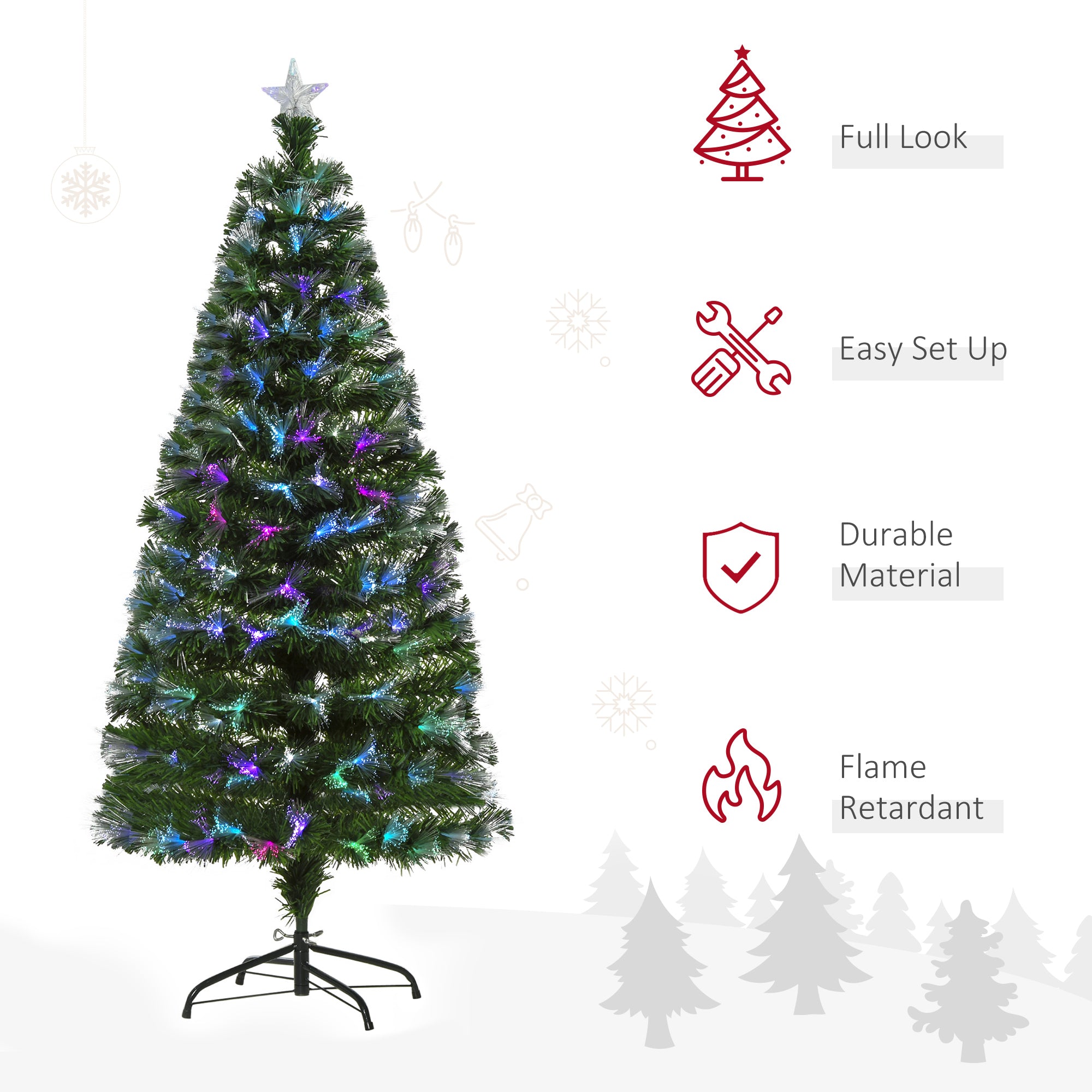 HOMCOM 5FT Multicoloured Artificial Christmas Tree w/ Fibre Optic Lights Pre-Lit Modes Metal Stand Star Holder Home Seasonal Decoration - North Peak Garden Furniture