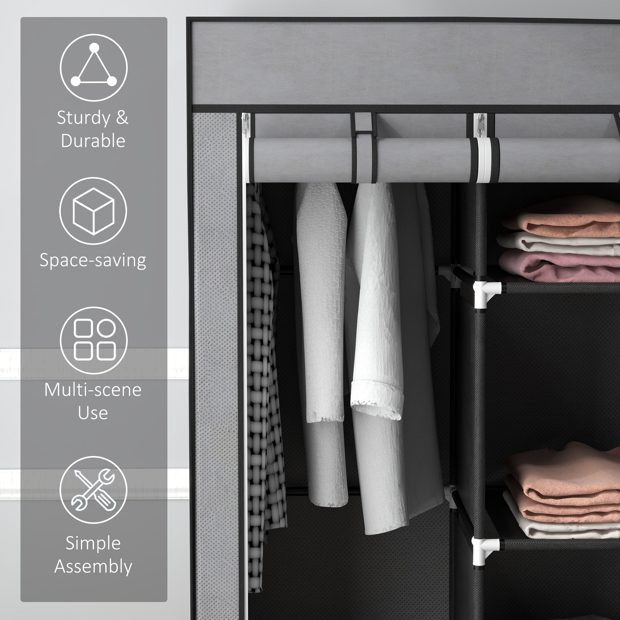 HOMCOM Fabric Wardrobe for Bedroom, Portable Wardrobe with 5 Shelves, 2 Hanging Rails and 3 Fabric Drawers, Foldable Closet, 125 x 43 x 162.5cm, Dark Grey - North Peak Garden Furniture