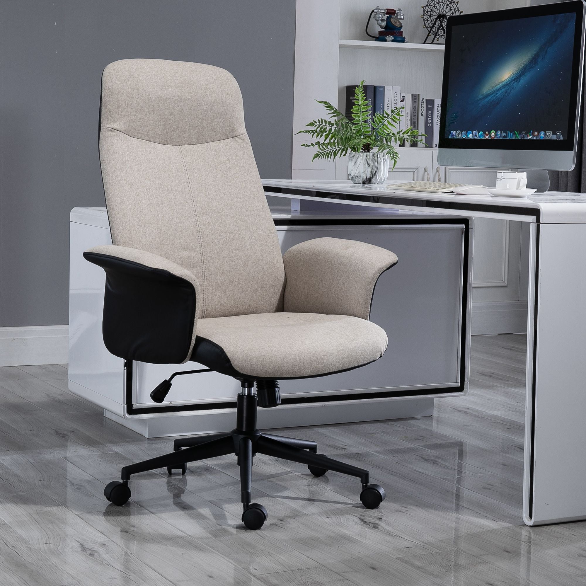 Vinsetto Office Chair, Linen Fabric Desk Chair, Comfortable Computer Chair with Adjustable Height, Padded Armrests and Swivel Wheels, Beige