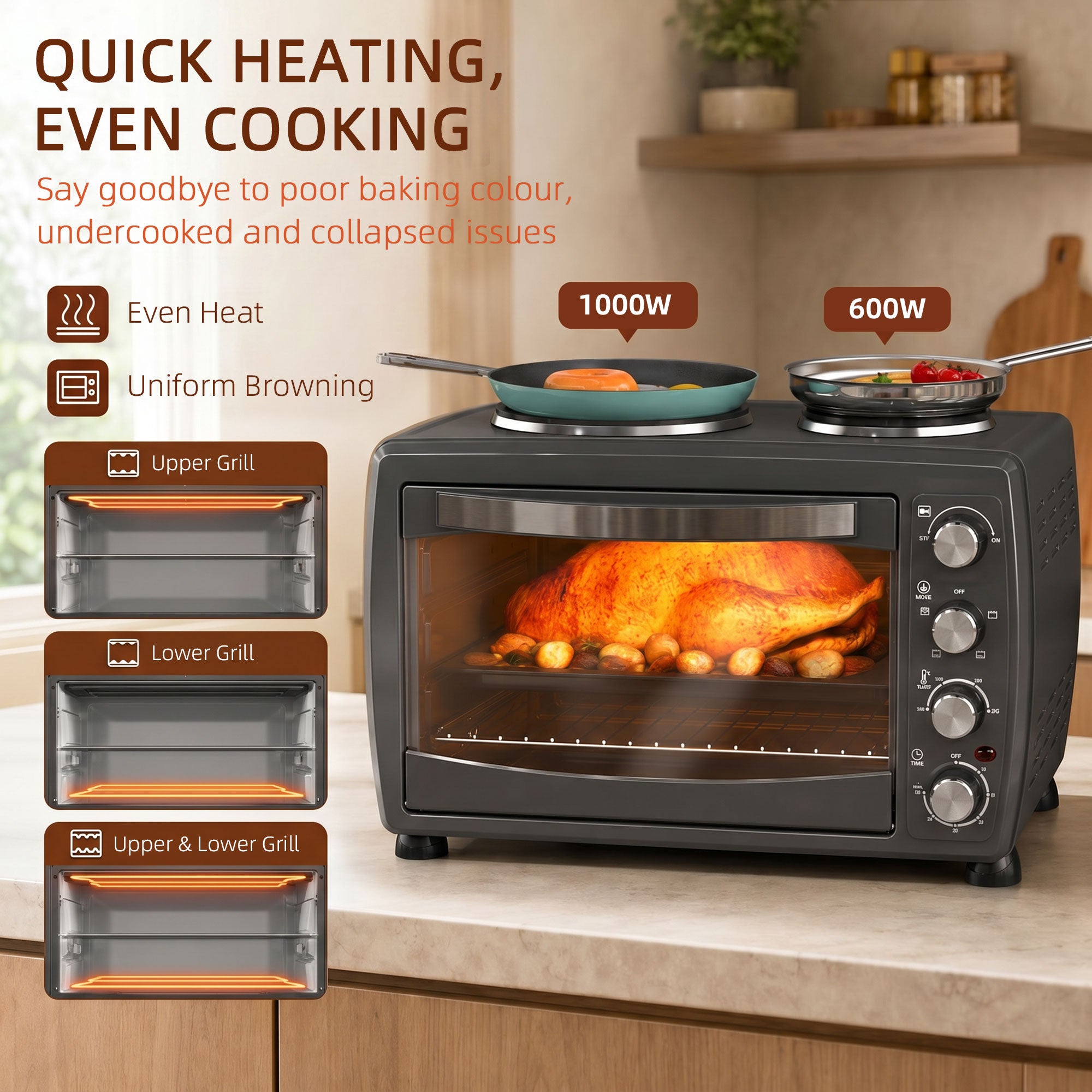 HOMCOM 36L Small Oven with 2 Hot Plates, Countertop Toaster Oven, Grill, Roast, Bake, Boil, with Timer, Adjustable Temperature, Electric Oven with Baking Tray, Grill Rack, Crumb Tray, 2600W, Black