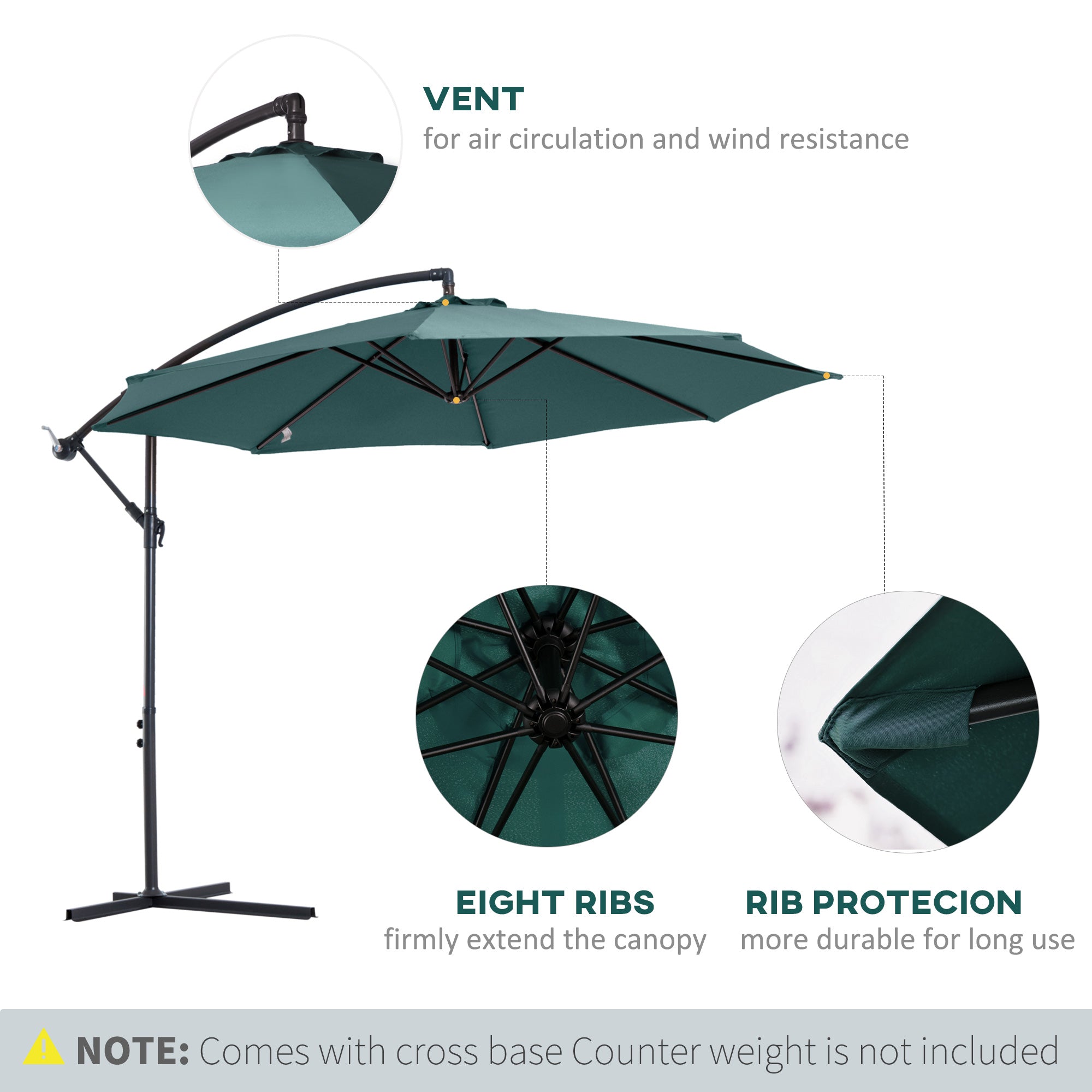 Outsunny Cantilever Canopy: 3m Banana Hanging Parasol with Crank Handle, 8 Ribs & Cross Base, Outdoor Dark Green Sun Shade