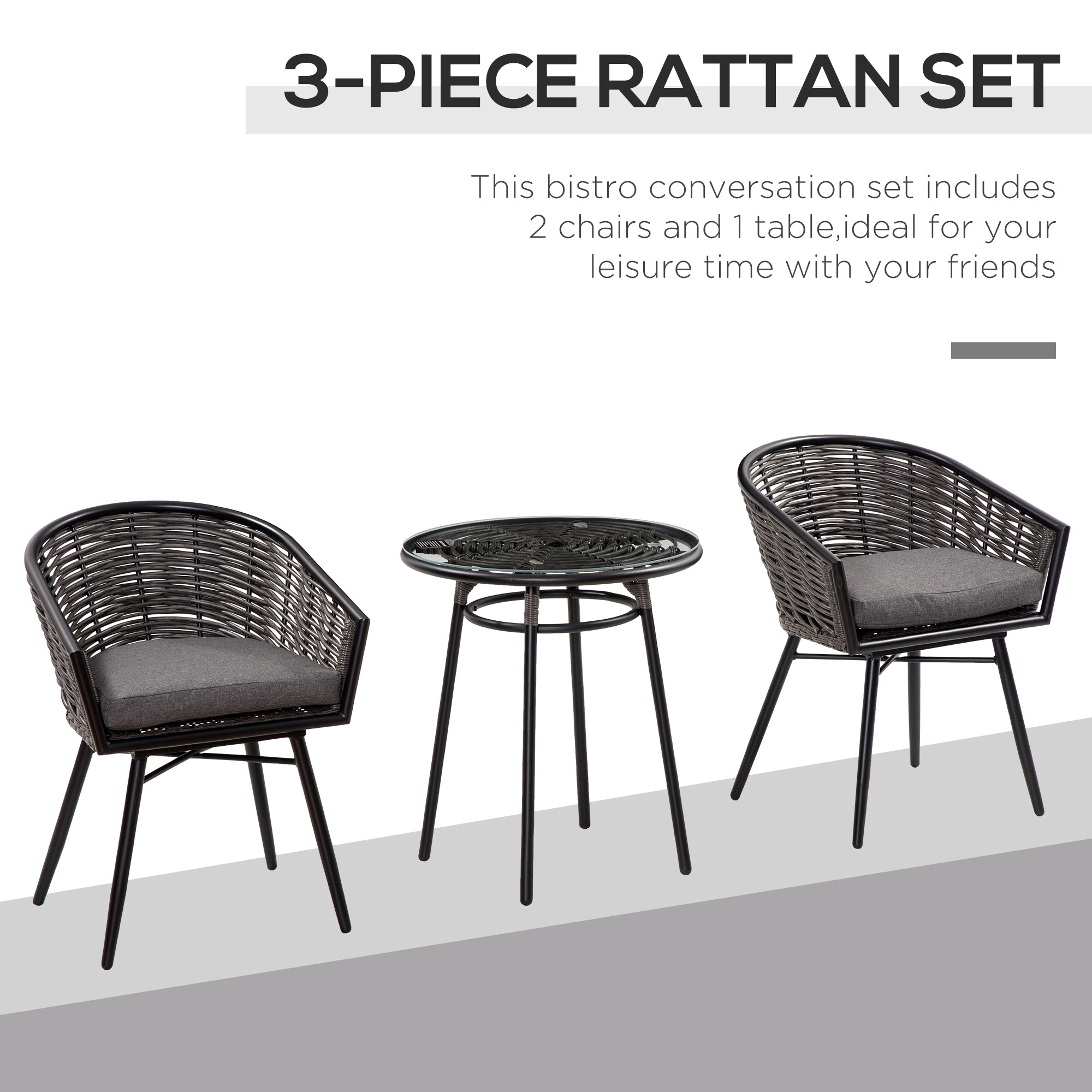 Outsunny 3 Pieces Rattan Bistro Set, Wicker Garden Furniture Set with Round Glass Top Coffee Table and Chairs, Washable Cushions for Outdoor, Patio, Balcony, Grey - North Peak Garden Furniture