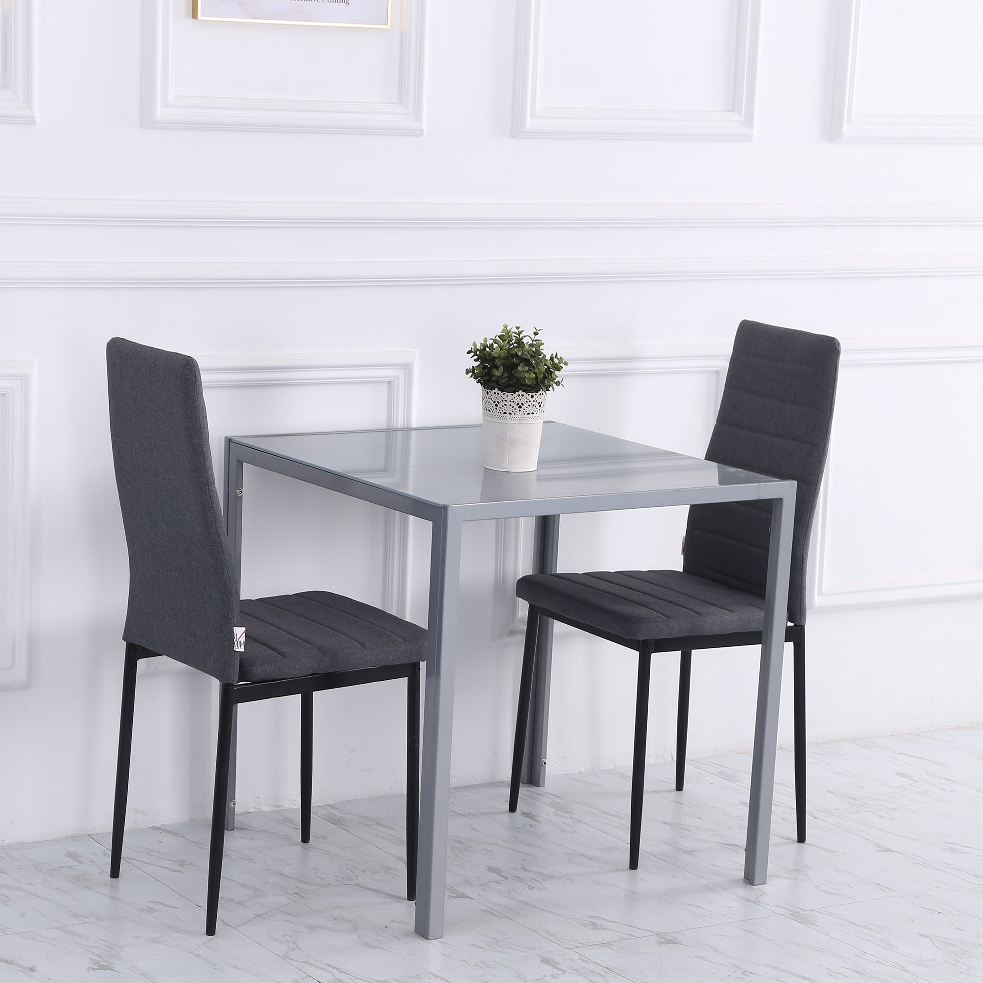 HOMCOM Modern Square Dining Table for 2-4 People, with Glass Top & Metal Legs for Dining Room, Living Room, Grey - North Peak Garden Furniture