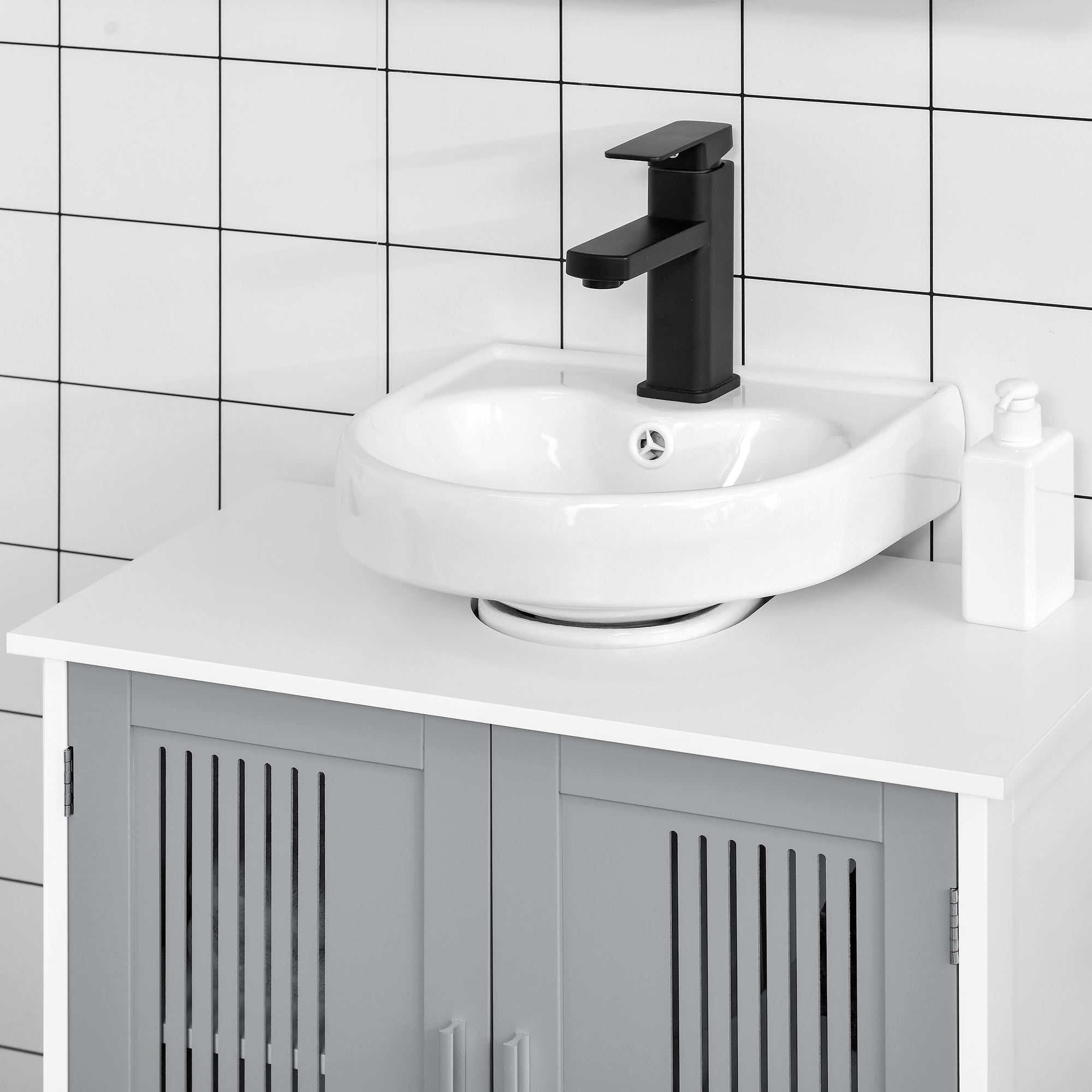 kleankin Modern Under Sink Cabinet with 2 Doors, Bathroom Vanity Unit, Pedestal Under Sink Design, Storage Cupboard with Adjustable Shelves, Grey - North Peak Garden Furniture
