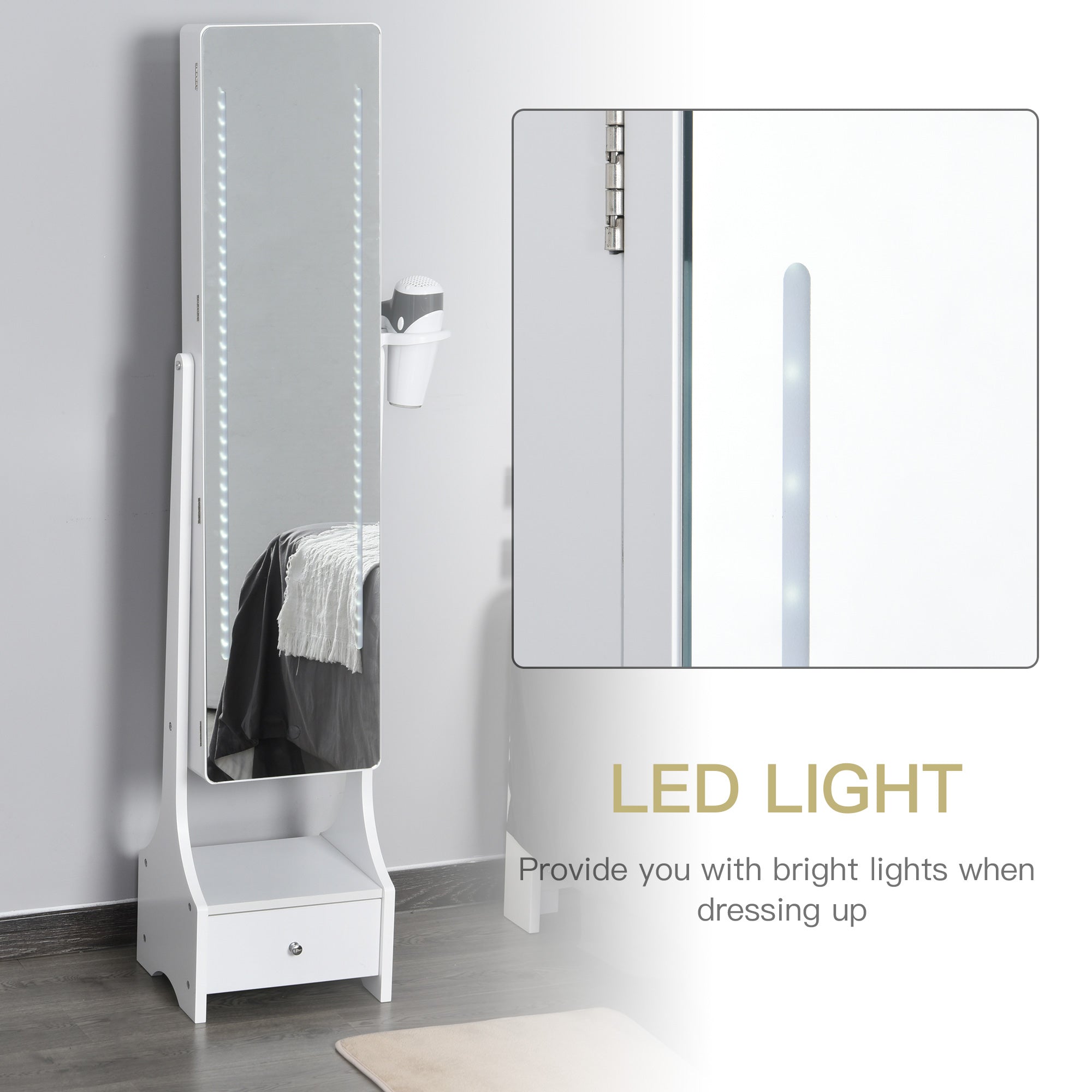 HOMCOM Jewellery Cabinet, Full Length Mirror with Storage, Free Standing Mirror with LED Lights, Hooks, Drawer and Hairdryer Holder for Bedroom, White - North Peak Garden Furniture
