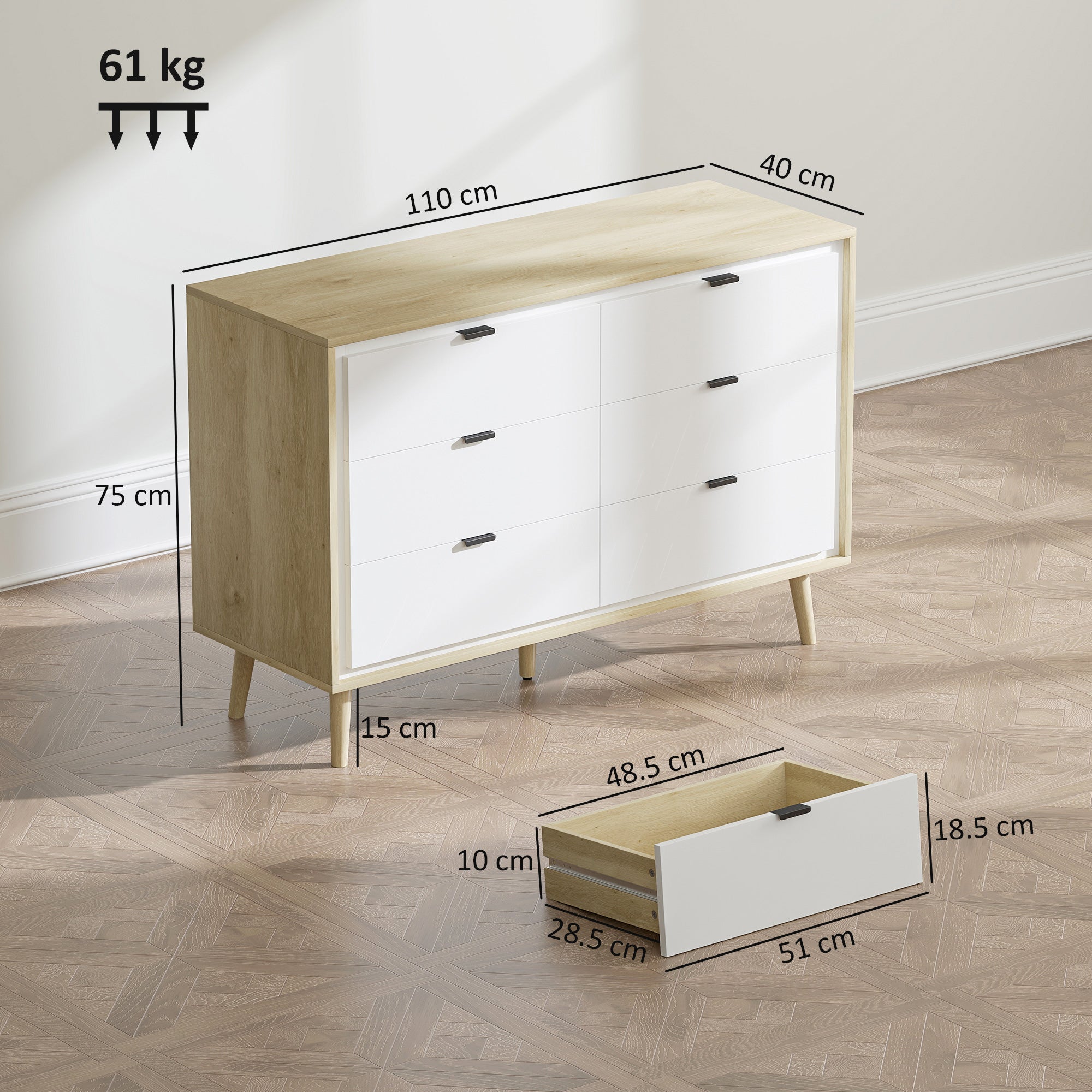 HOMCOM Storage Cabinet, Chest of Drawers with 6  Drawers and 5 Legs for Bedroom,  High Gloss White