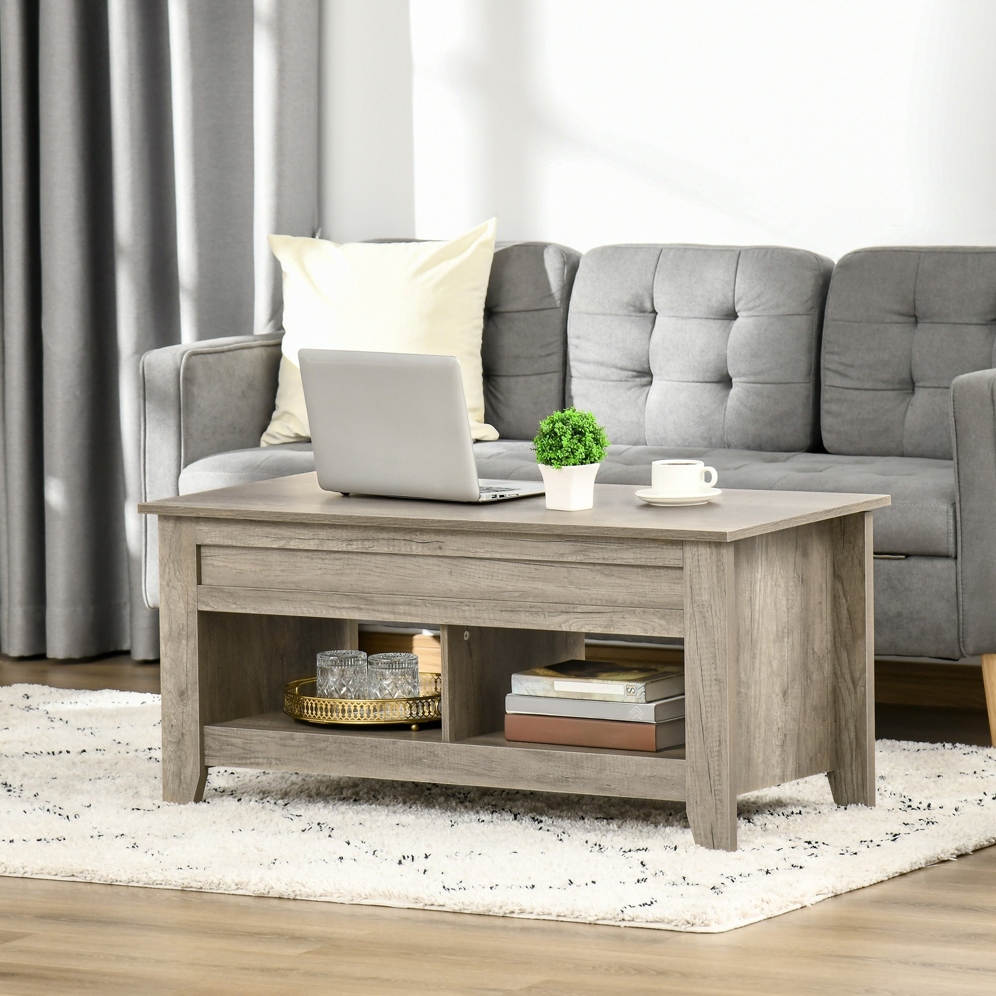 HOMCOM Lift Top Coffee Table w/ Hidden Storage Compartment Open Shelves Lift Tabletop Pop Up Centre Table for Living Room Oak Effect - North Peak Garden Furniture