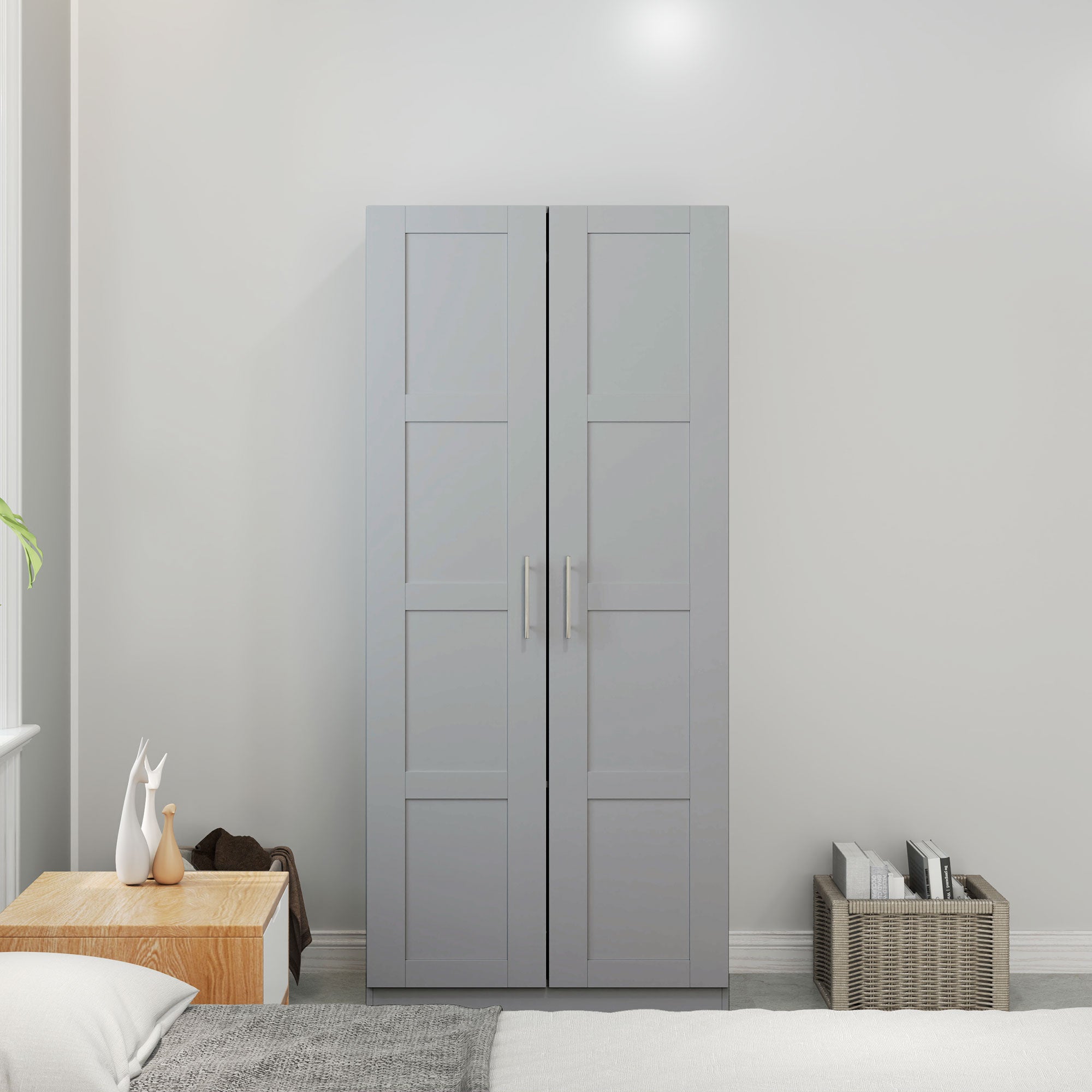 HOMCOM Double Paneled Door Wardrobe, with Shelves - Grey - North Peak Garden Furniture