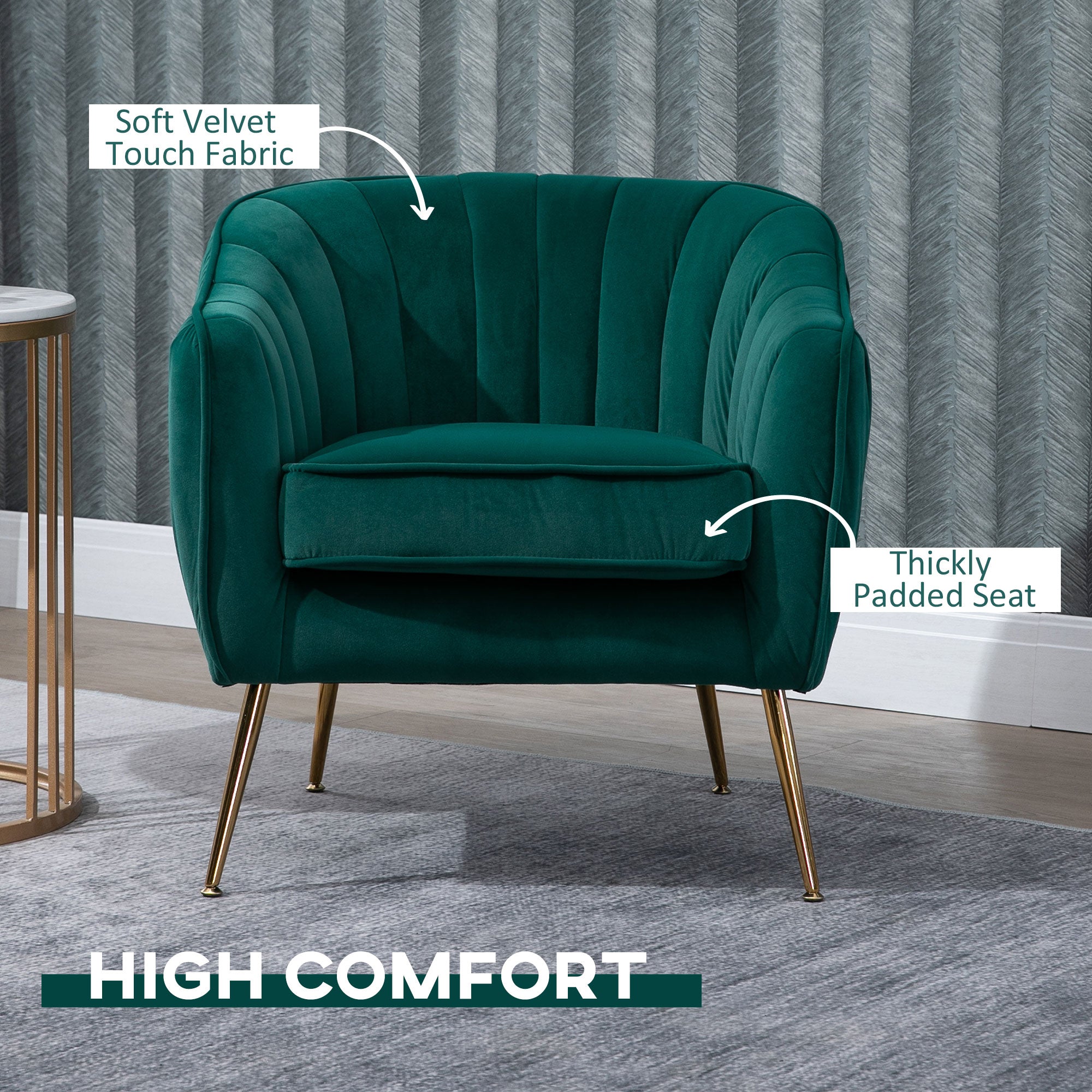 HOMCOM Velvet Tub chair, Luxury Accent Chair with Golden Metal Leg, Comfy Upholstered Armchair with Thick Padded Seat for Living Room, Green