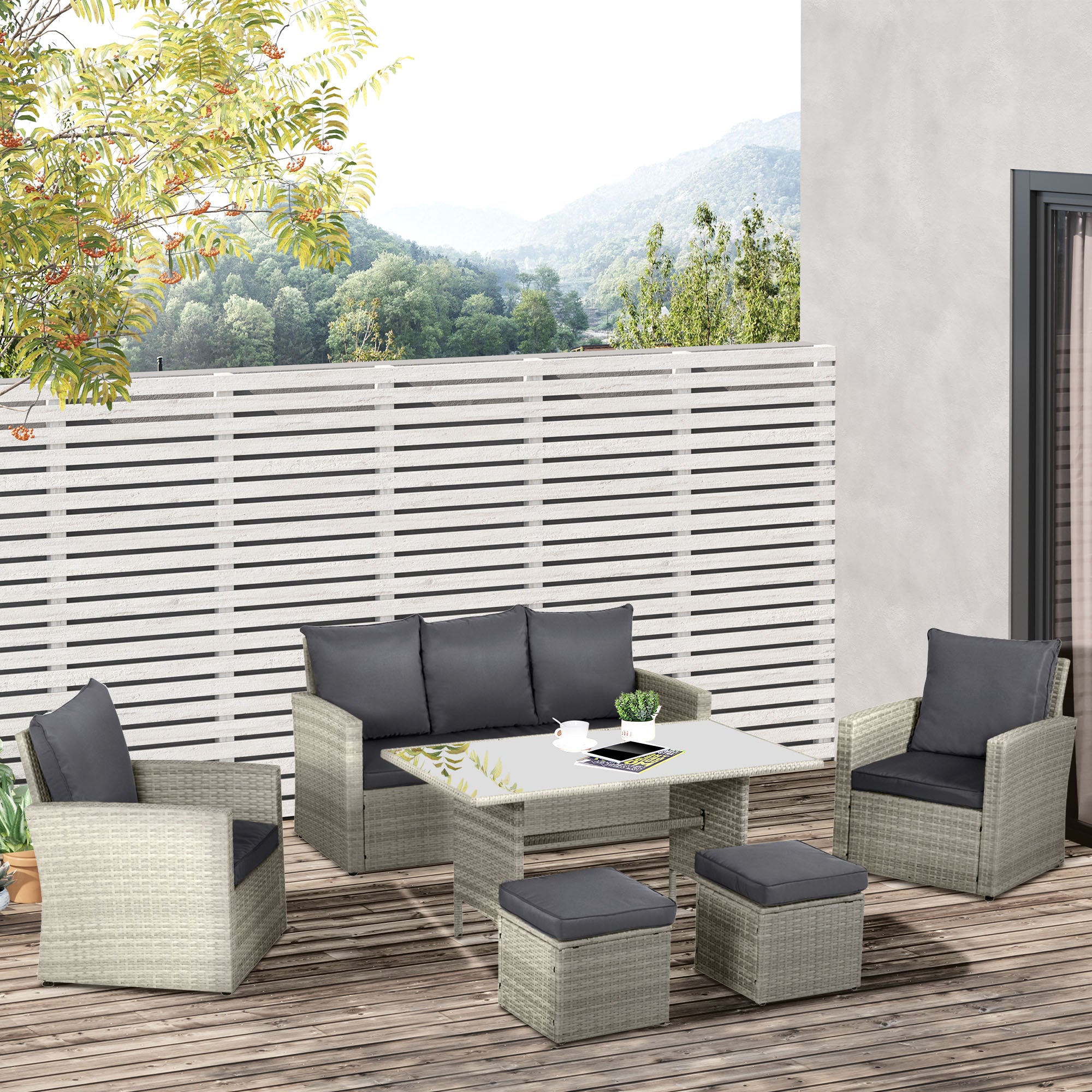 Outsunny Six-Piece Rattan Sofa Set, with Glass-Top Table - Mixed Grey - North Peak Garden Furniture