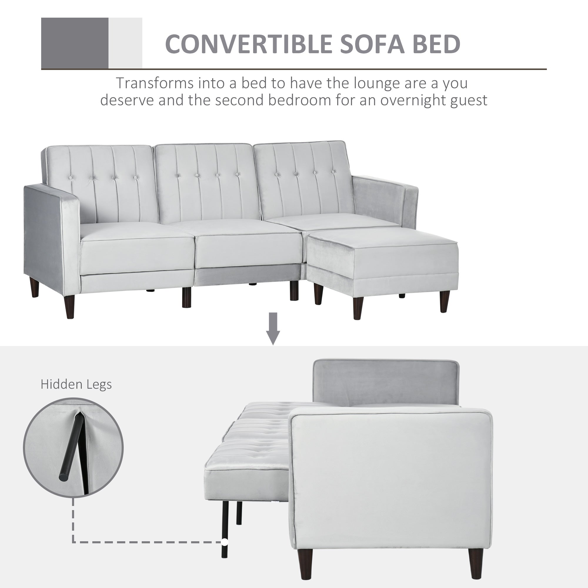 HOMCOM L Shape Sofa Bed Set with 3-Seater Sofa and Footstool, Corner Sofa Bed with Ottoman, Light Grey - North Peak Garden Furniture