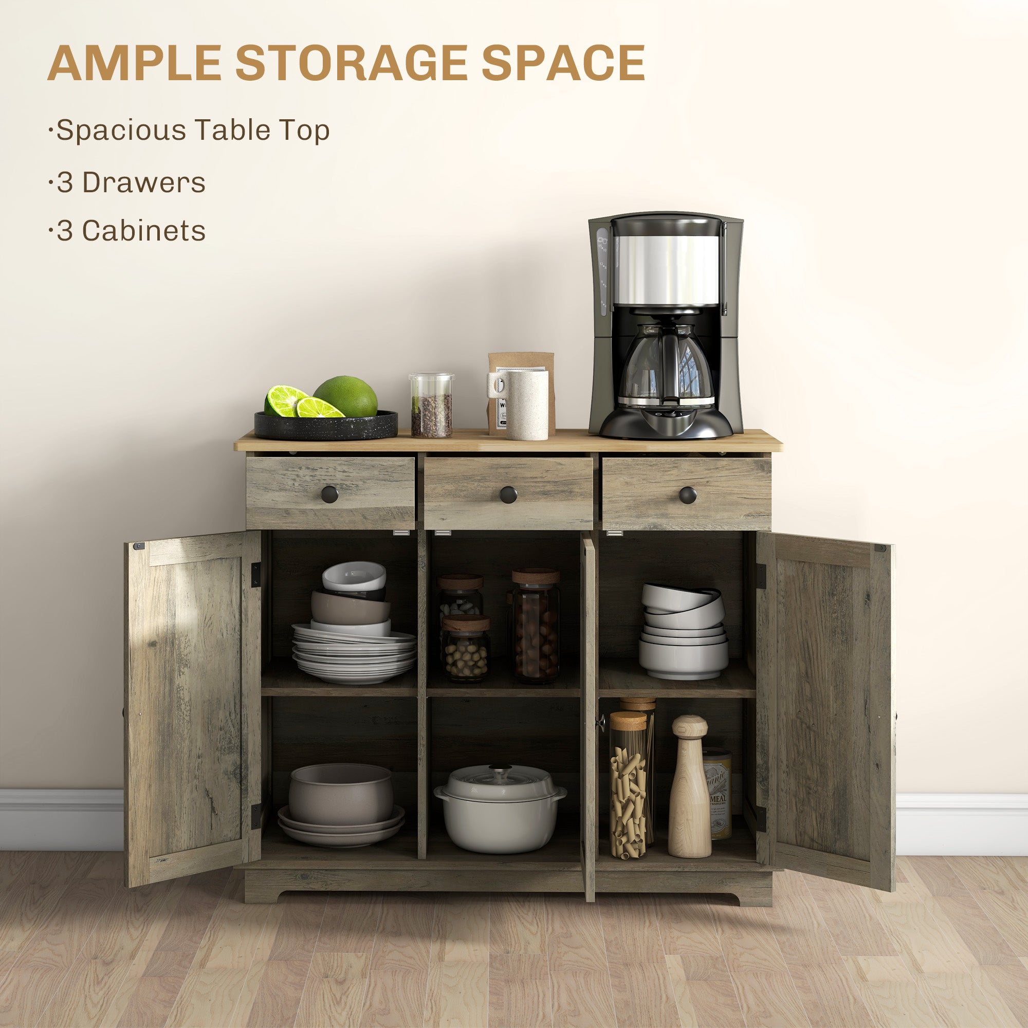 HOMCOM Modern Sideboard with Rubberwood Top, Buffet Cabinet with Storage Cabinets, Drawers and Adjustable Shelves for Dining Room, Kitchen, Grey Wood-Effect - North Peak Garden Furniture
