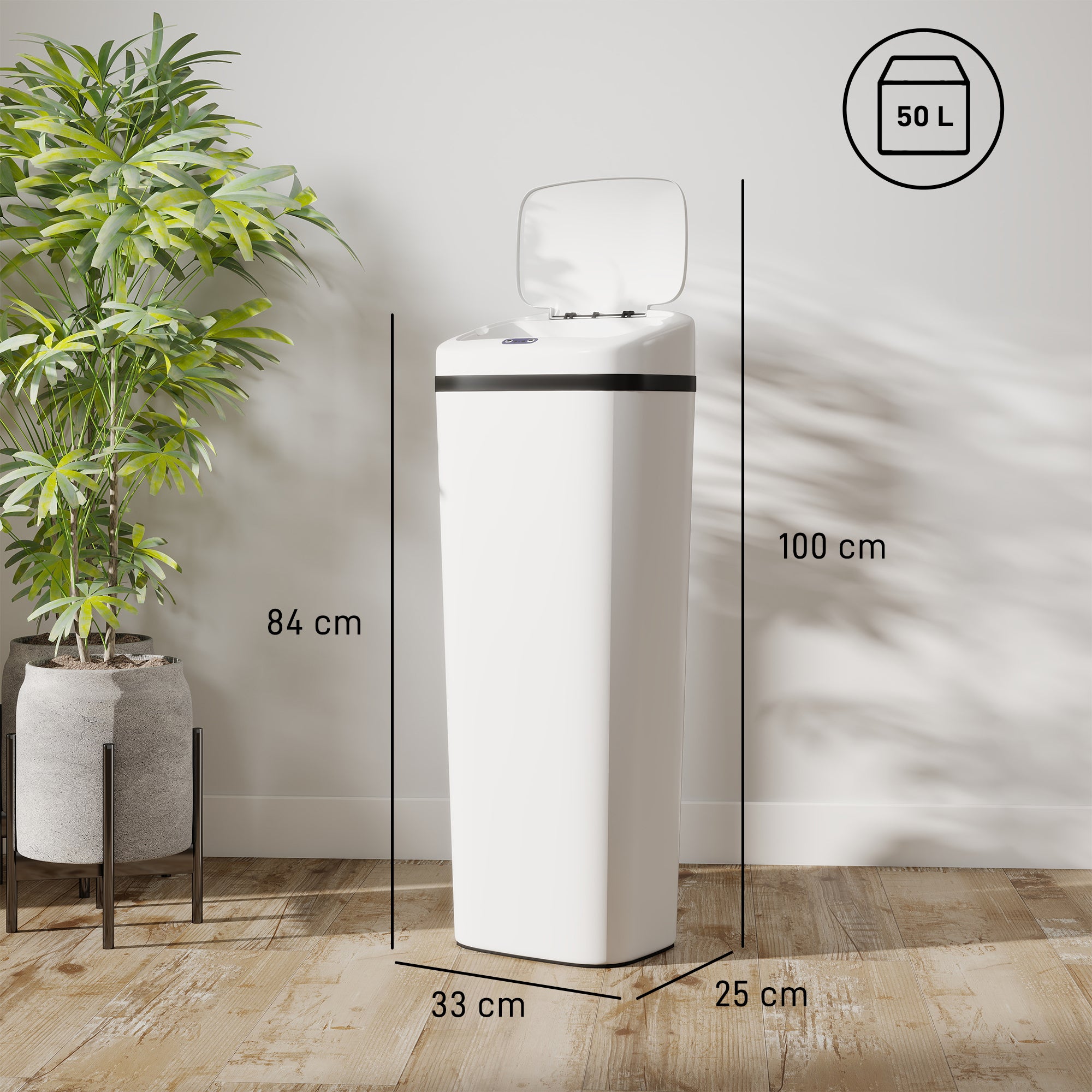 HOMCOM 50L Stainless Steel Sensor Bin - White