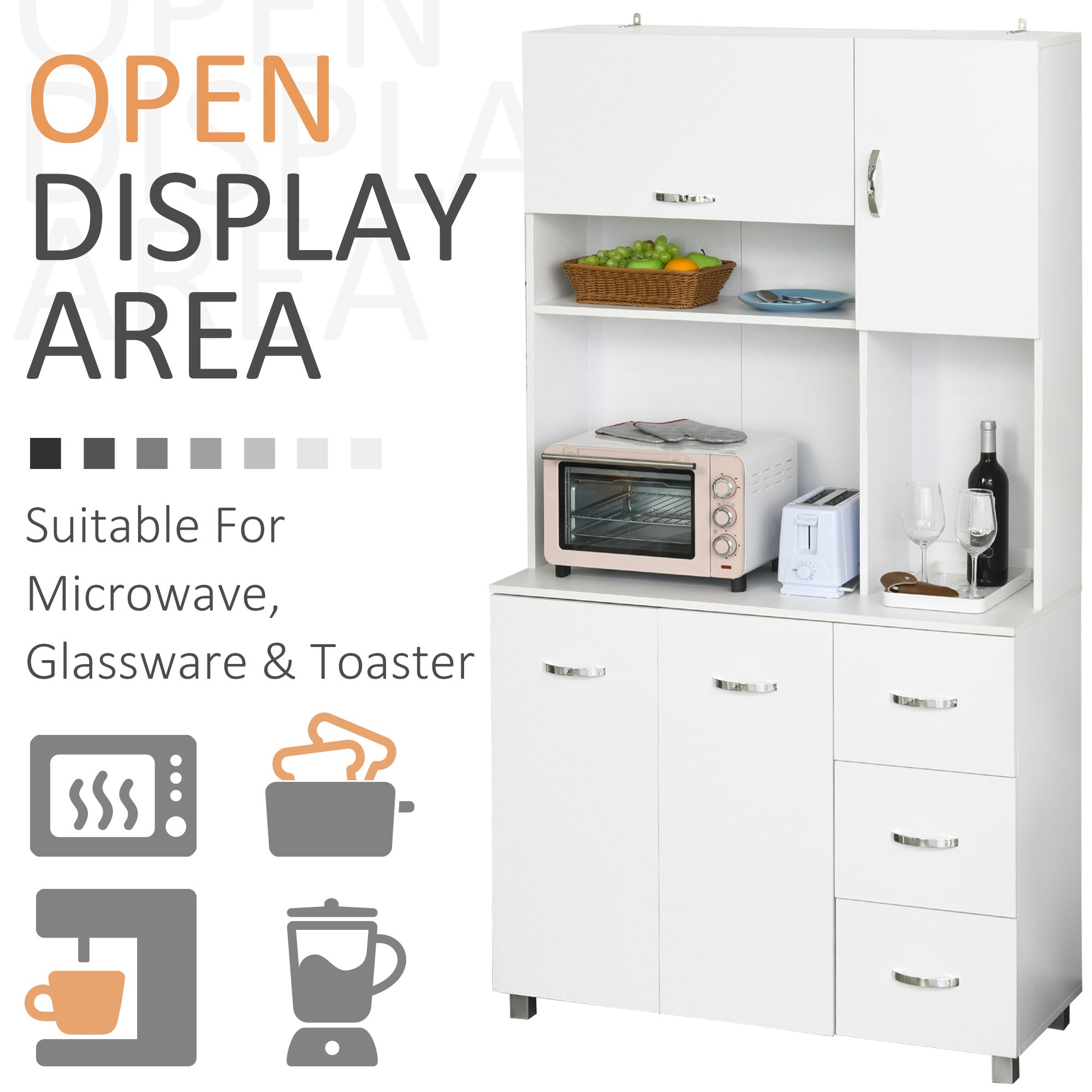 HOMCOM Freestanding Kitchen Cupboard, Storage Cabinet with Doors and Shelves, Drawers, Open Compartments for Microwave,White - North Peak Garden Furniture