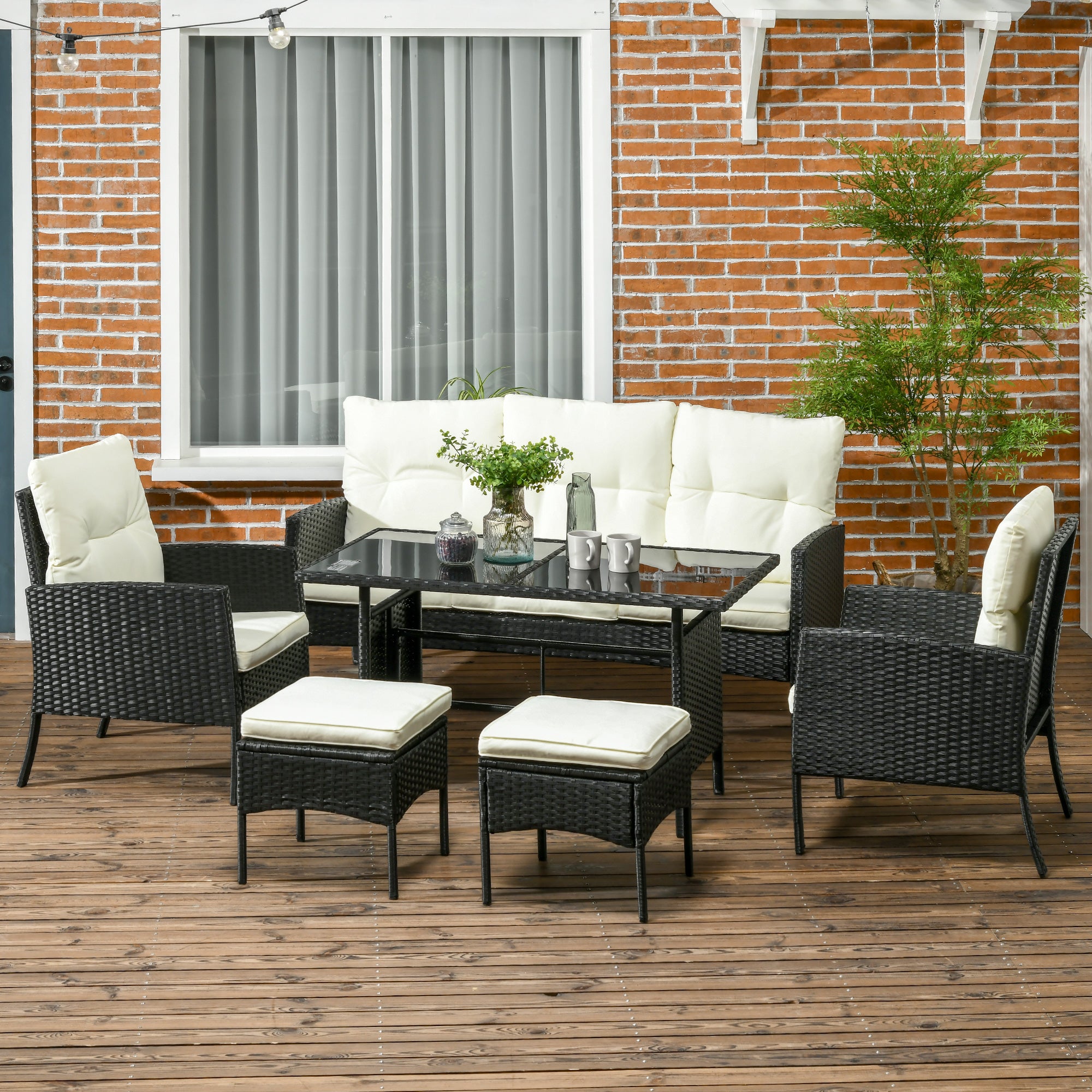 Outsunny 5 Seater Rattan Garden Furniture Set, 2 Armchairs, 3-seater Wicker Sofa, 2 Footstools and Glass Table, 6 Piece Patio Rattan furniture Sofa Sets with Cushions for Conservatory, White - North Peak Garden Furniture