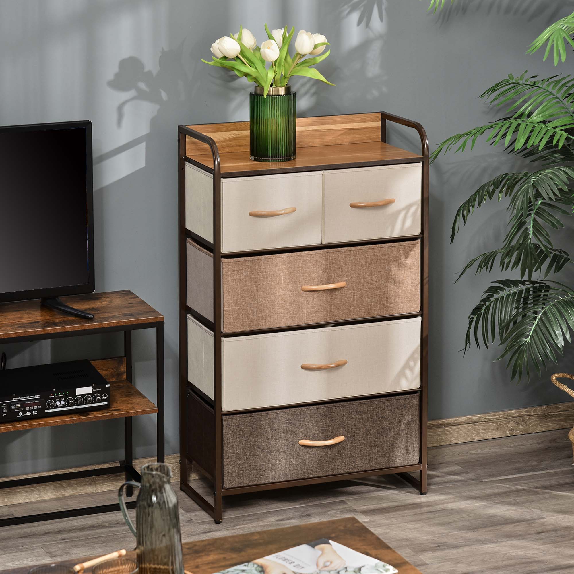HOMCOM 5-Drawer Dresser Tower 3-Tier Storage Organizer with Steel Frame Wooden Top for Bedroom Hallway Closets - North Peak Garden Furniture