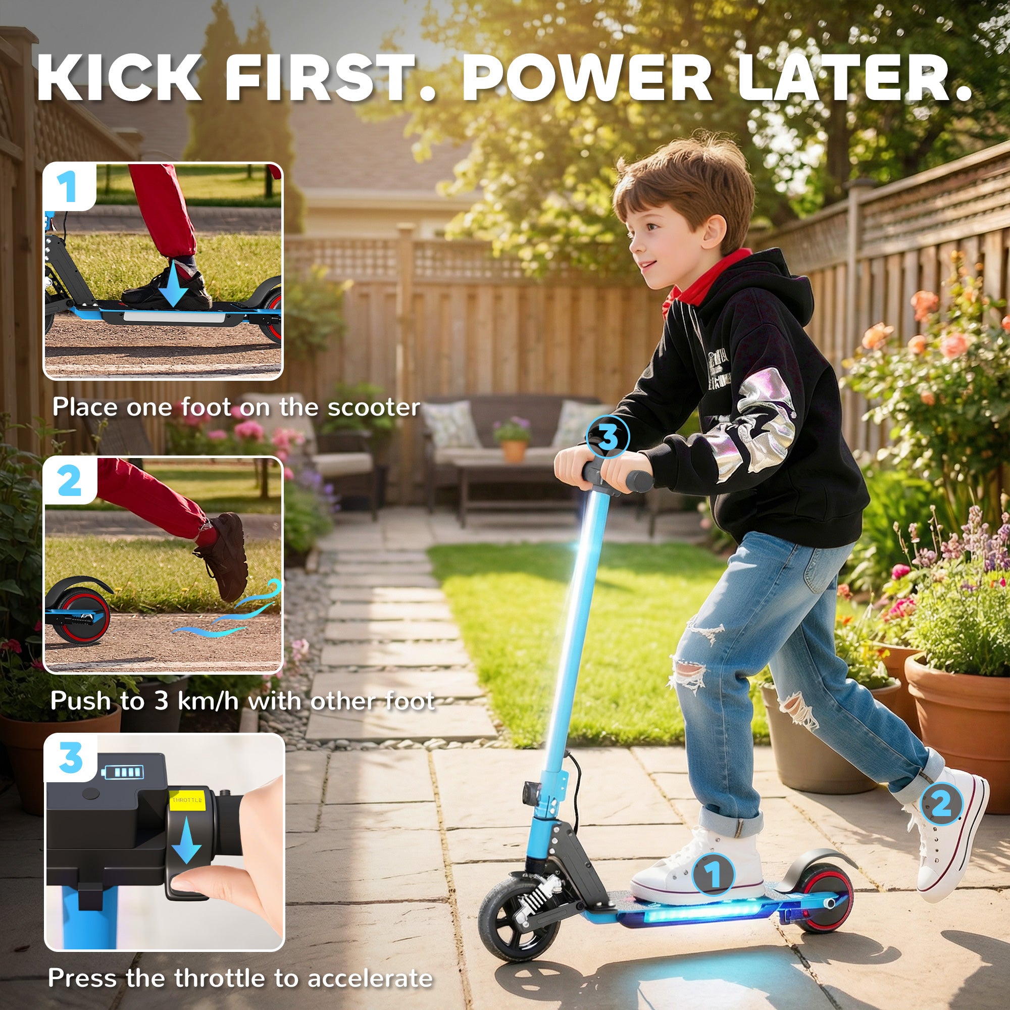 SPORTNOW Folding Electric Scooter for Kids Age 6-14 with Dual Brakes, Front Suspension, LED Colourful Lights and Display, 6.8kg Lightweight Aluminium E Scooter, Up to 14 KM/H & 6 KM, Blue