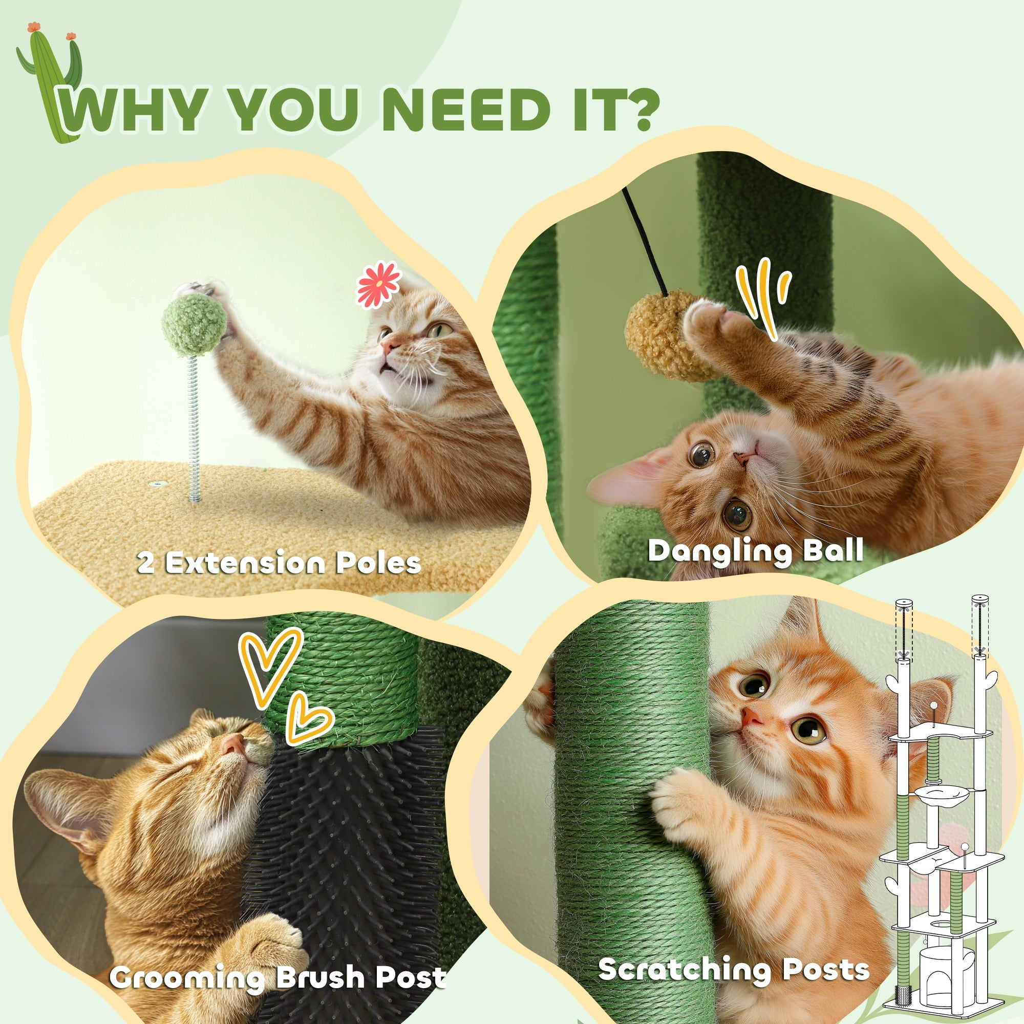 PawHut 225-255cm Height Adjustable Floor to Ceiling Cat Tree, Tall Cat Tower for Indoor Cats w/ Scratching Posts - Green - North Peak Garden Furniture
