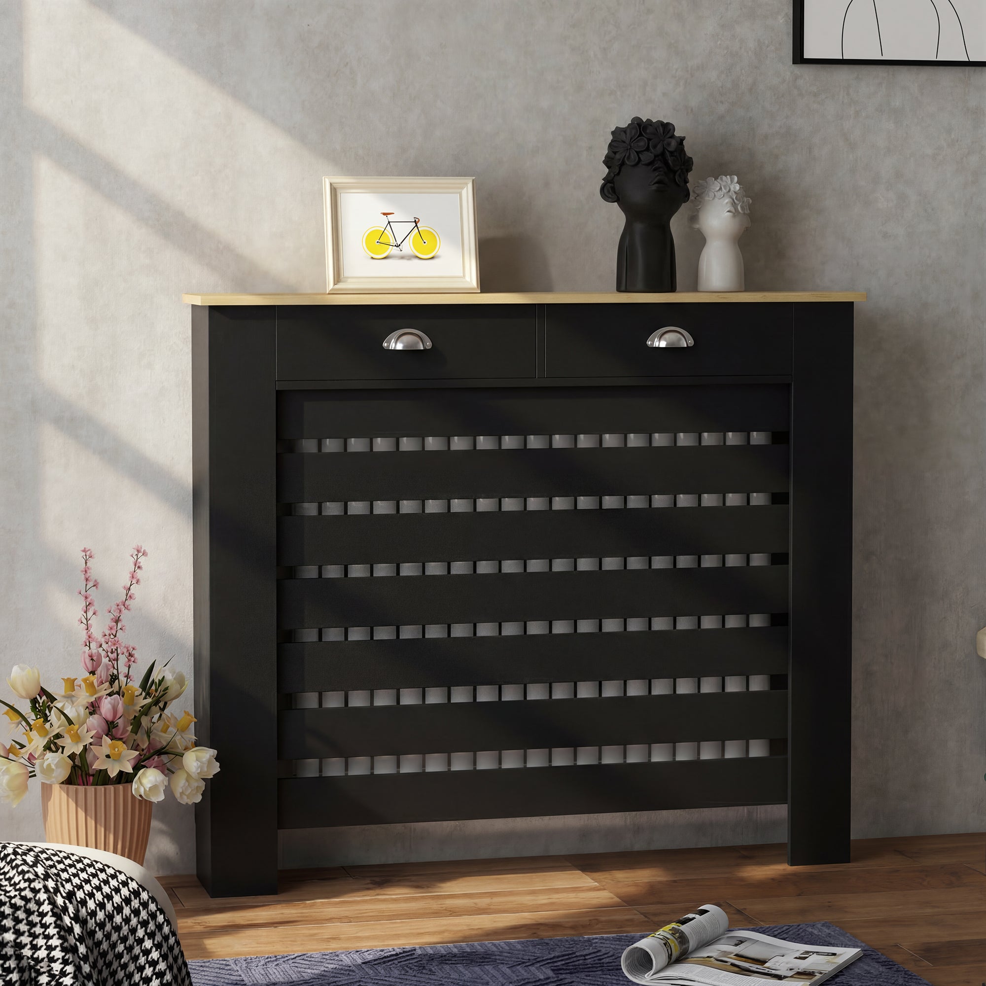 HOMCOM 95.5H x 111Wcm Radiator Cover, with Drawer - Black