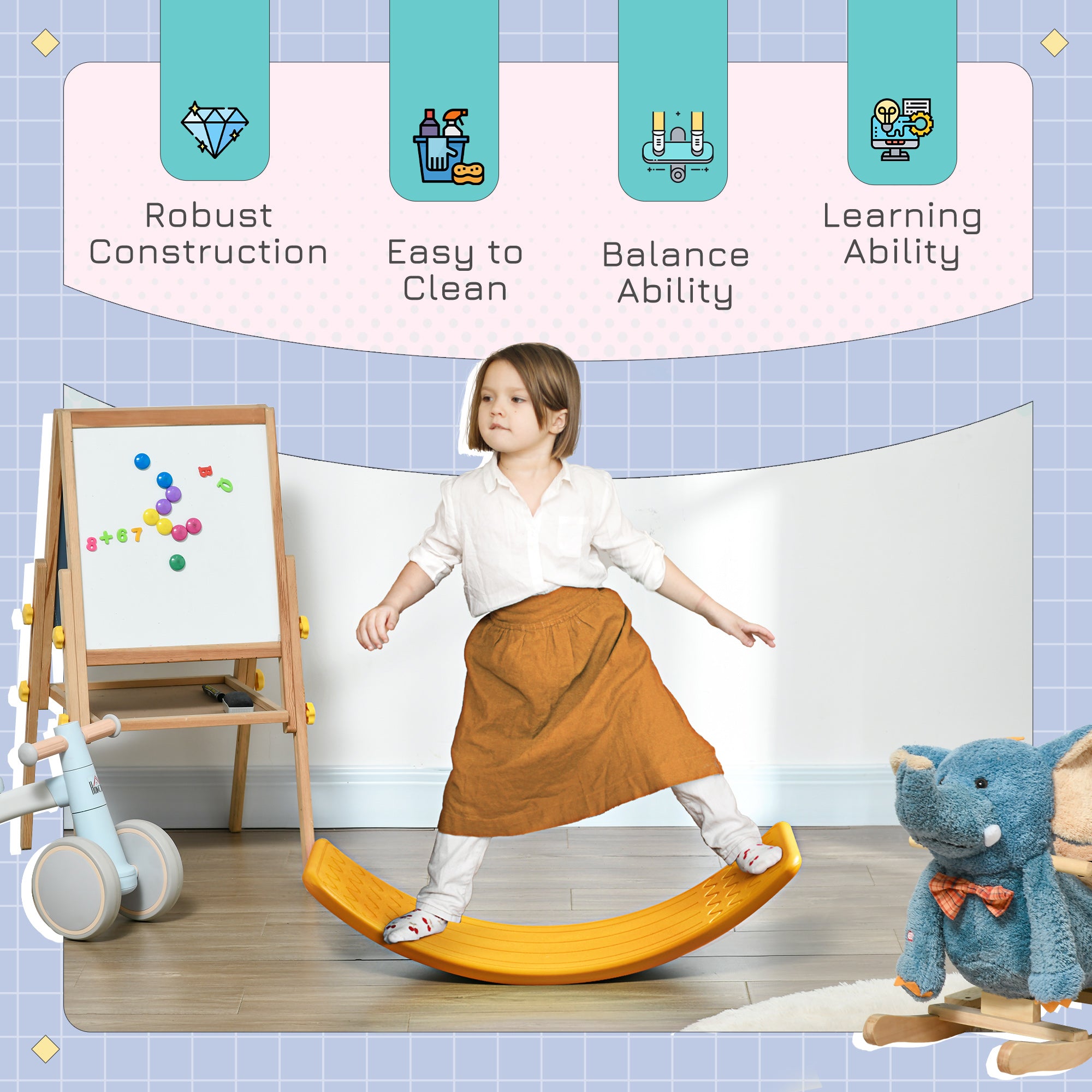 ZONEKIZ Balance Board Kids Wobble Board, Stepping Stone, Montessori Toy for Children, Nursery Toy, for Ages 3-6 Years, 82 x 27.5 x 19.5cm - Orange - North Peak Garden Furniture