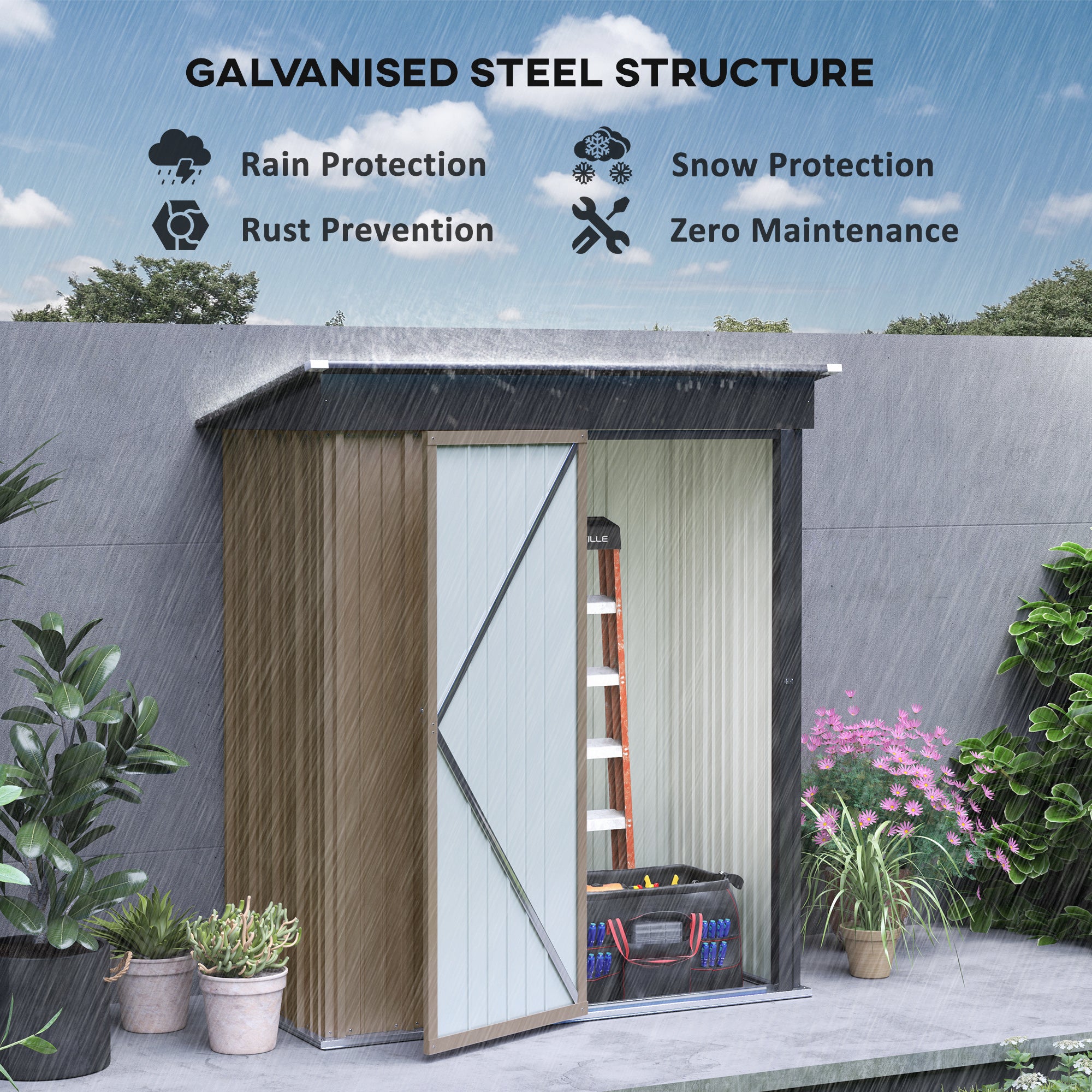 Outsunny Metal Garden Shed, Outdoor Lean-to Shed for Tool Motor Bike, with Adjustable Shelf, Lock, Gloves, 5'x3'x6', Brown - North Peak Garden Furniture