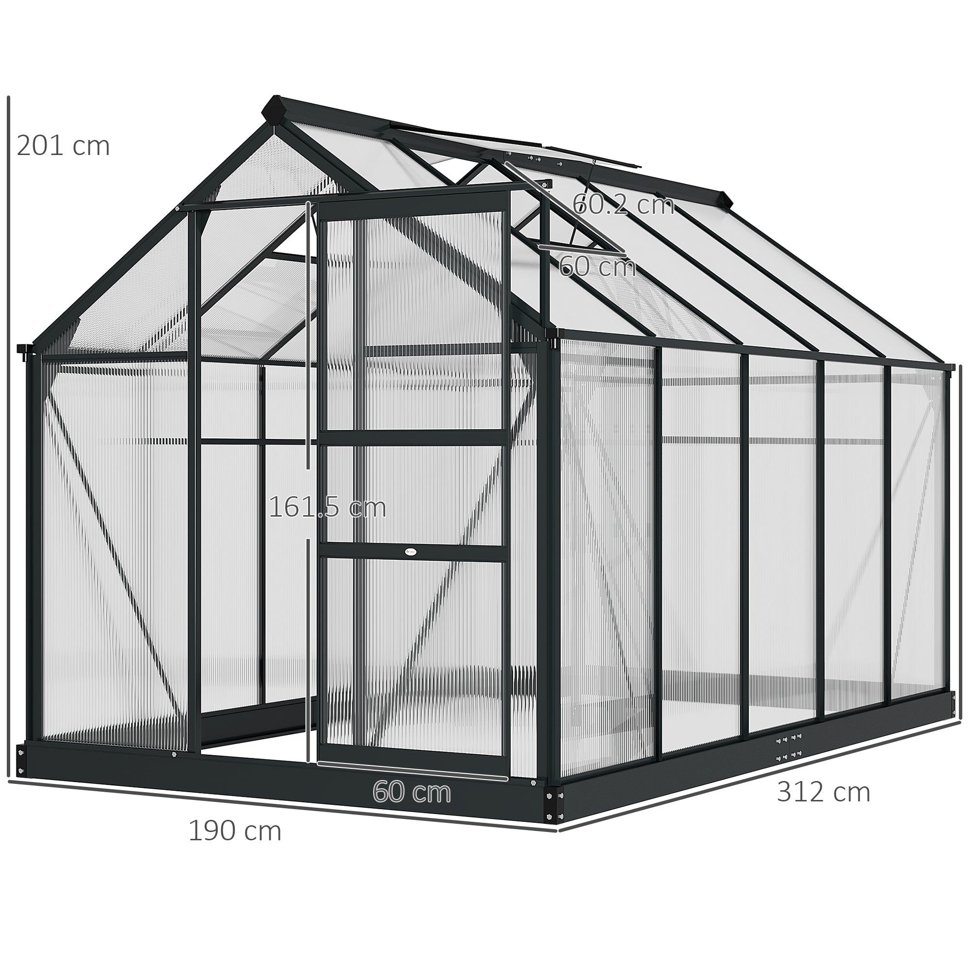 Outsunny 6 x 10ft Polycarbonate Greenhouse, Large Walk-In Green House with Slide Door and Window, Garden Plants Grow House with Aluminium Frame and Foundation, Grey - North Peak Garden Furniture