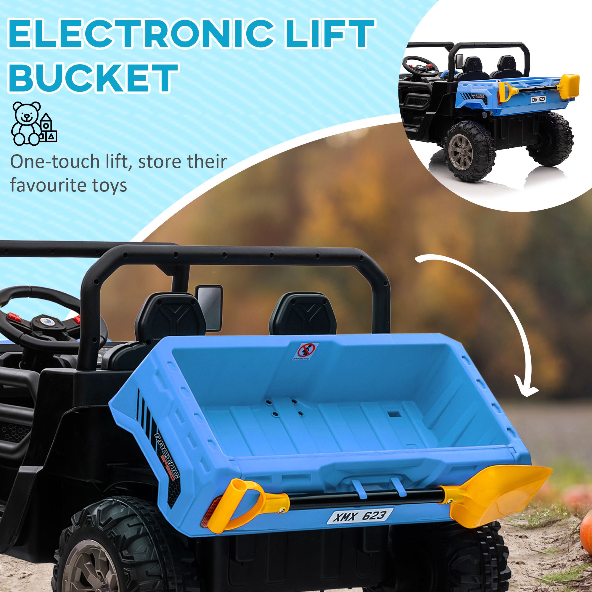 HOMCOM 12V 2 Seater Kids Electric Ride-On Car with Electric Bucket, Remote Control - Blue