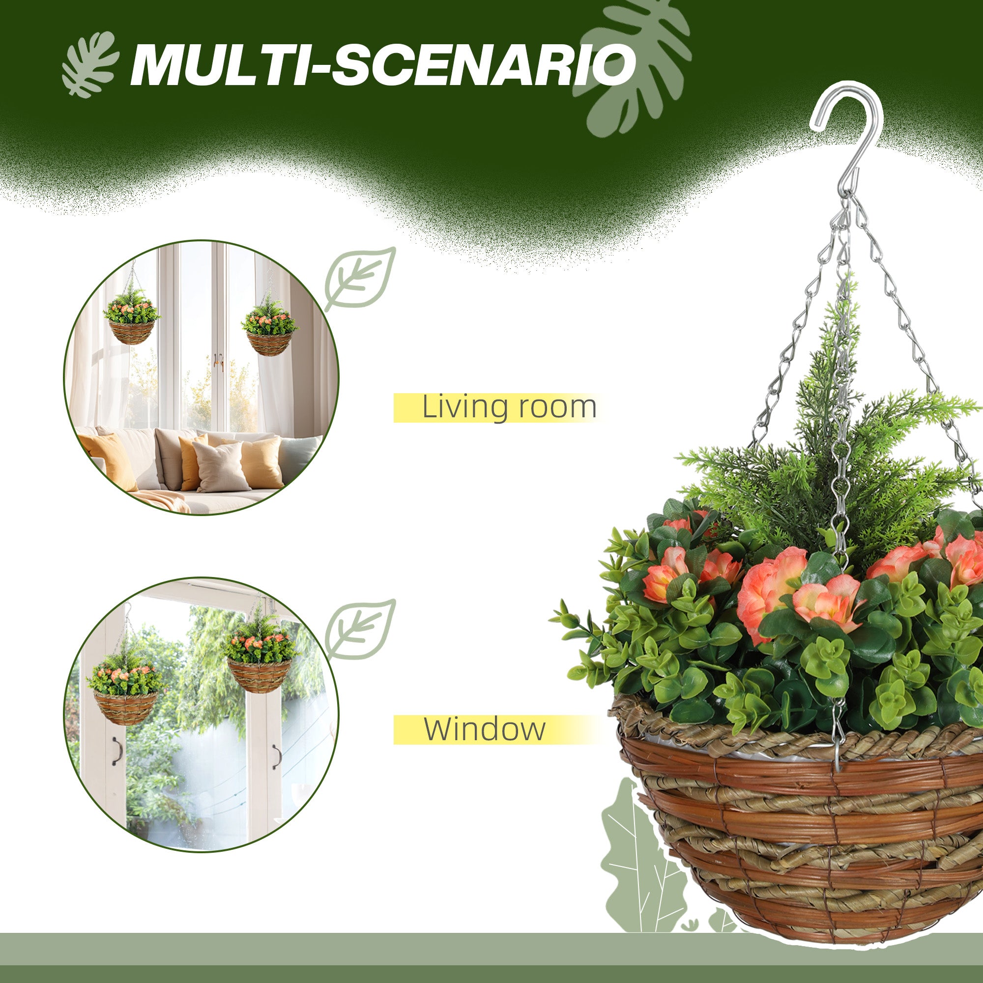 Outsunny Pack of 2 Faux Plant Artificial Lisianthus Flowers Hanging Planter with Basket for Indoor Outdoor Decoration, Yellow - North Peak Garden Furniture