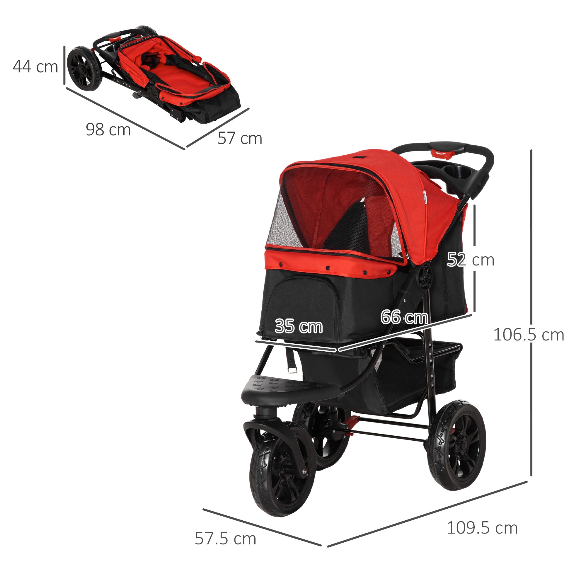 PawHut Oxford Cloth Folding 3-Wheel Pet Stroller Dog Trolley Red/Black