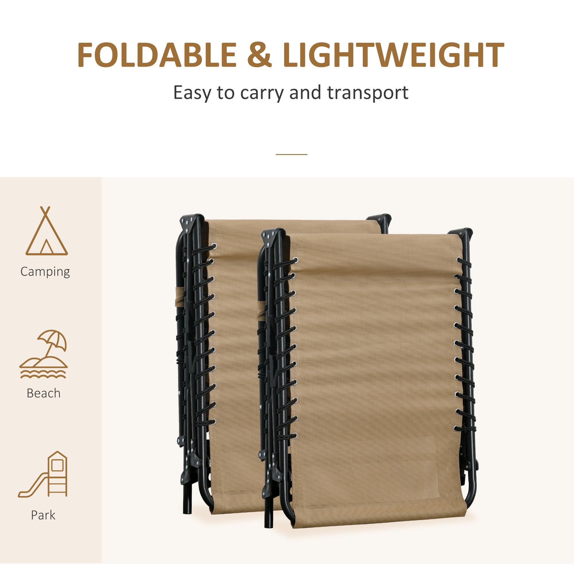 Outsunny Portable Sun Lounger Set of 2, Folding Camping Bed Cot, Reclining Lounge Chair 5-position Adjustable Backrest with Side Pocket, Pillow for Patio Garden Beach Pool, Beige - North Peak Garden Furniture