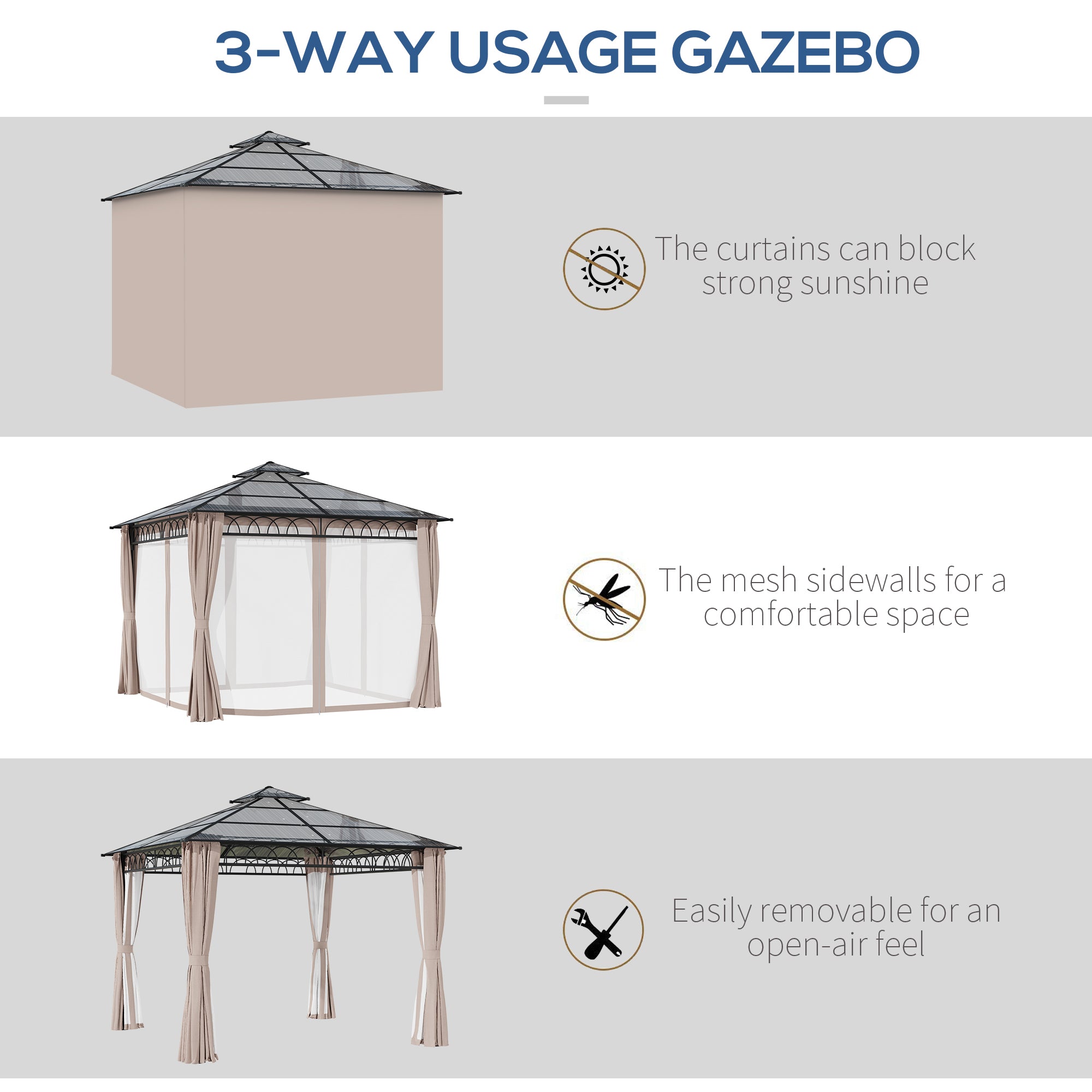 Outsunny 3 x 3 (m) Outdoor Polycarbonate Gazebo, Double Roof Hard Top Gazebo with Galvanised Steel Frame, Nettings & Curtains for Garden, Lawn, Patio and Deck - North Peak Garden Furniture